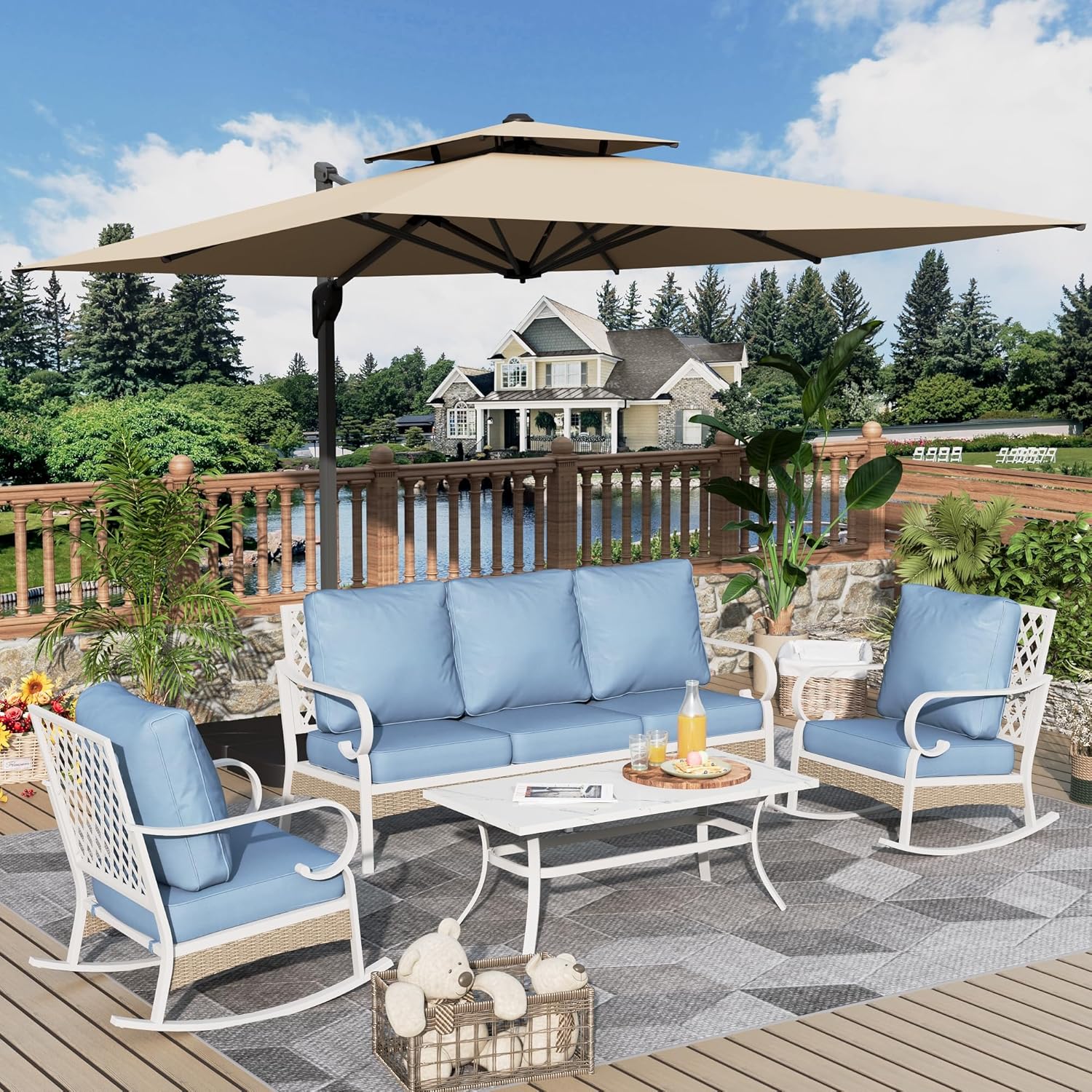 4 Piece Patio Furniture Set, 2 x Fixed Chair, 1 x 3-Seat Sofa with Marbling Coffee Table, All Cushioned 5 Seats Outdoor Conversation Set for Lawn Garden Backyard, Beige