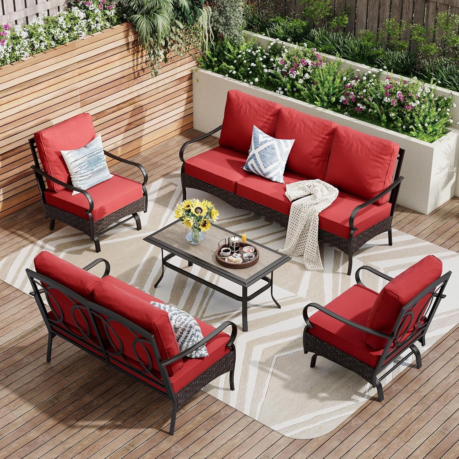 Outdoor Modern Patio Furniture Set, Upgraded Wicker&Metal Patio Furniture Conversation Set with Waterproof Thick Cushions for Porch, Poolside, Deck, and Yard (5 Pieces,Beige)