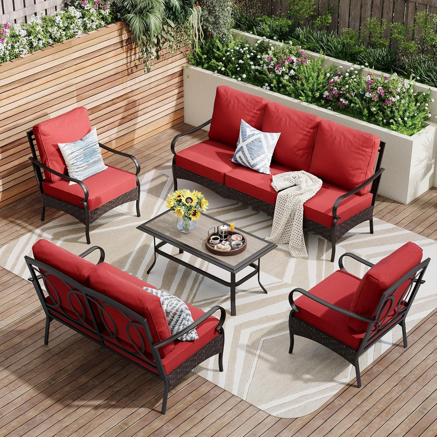 Outdoor Modern Patio Furniture Set, Upgraded Wicker&Metal Patio Furniture Conversation Set with Waterproof Thick Cushions for Porch, Poolside, Deck, and Yard (5 Pieces,Beige)