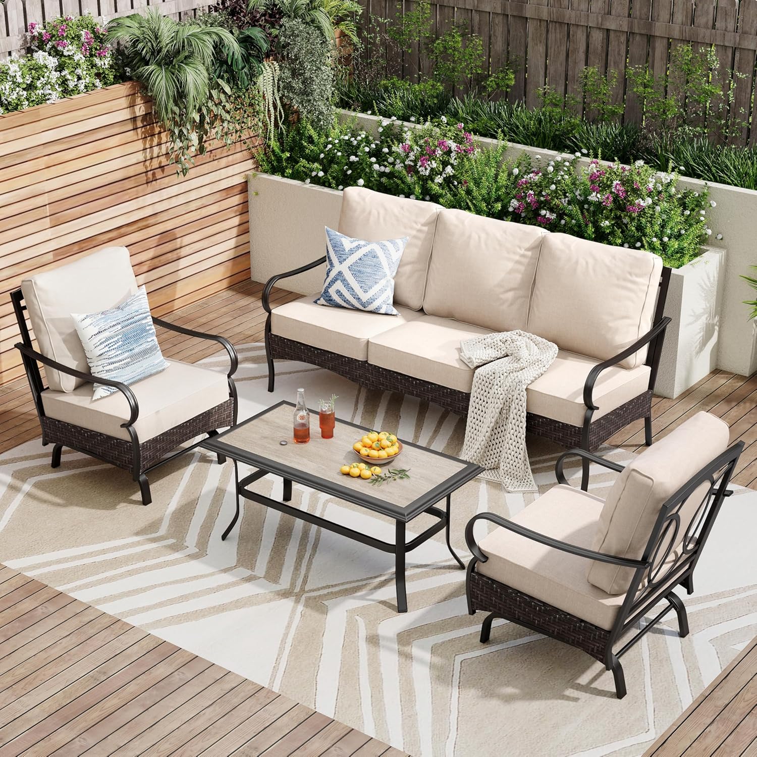 Outdoor Modern Patio Furniture Set, Upgraded Wicker&Metal Patio Furniture Conversation Set with Waterproof Thick Cushions for Porch, Poolside, Deck, and Yard (5 Pieces,Beige)