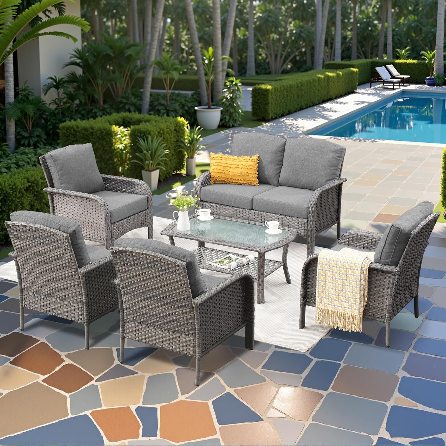 5 Pieces Patio Furniture Set,Outdoor Furniture with Rockers, Rattan Conversation Sets w/Coffee Table, Grey Wicker Light Dark Gray Cushion