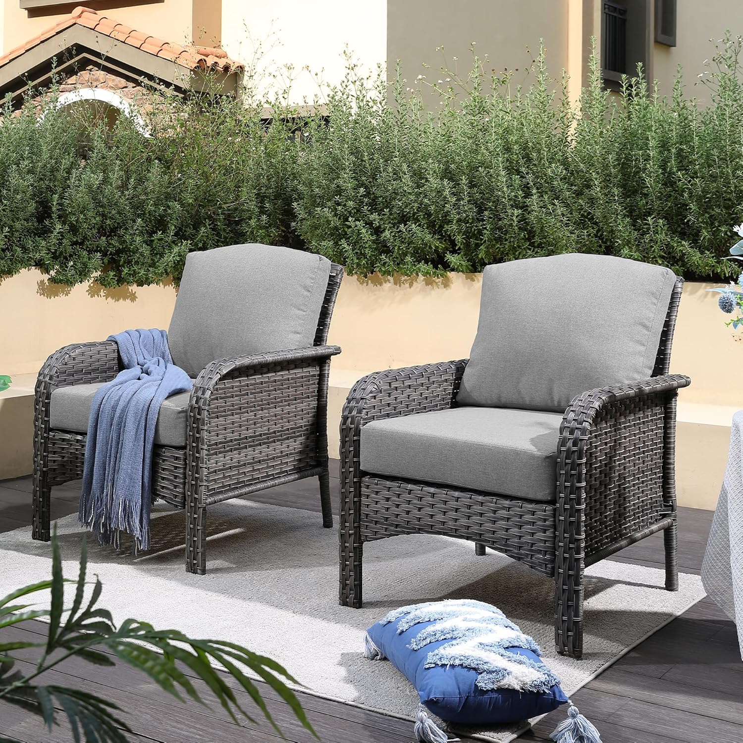 5 Pieces Patio Furniture Set,Outdoor Furniture with Rockers, Rattan Conversation Sets w/Coffee Table, Grey Wicker Light Dark Gray Cushion
