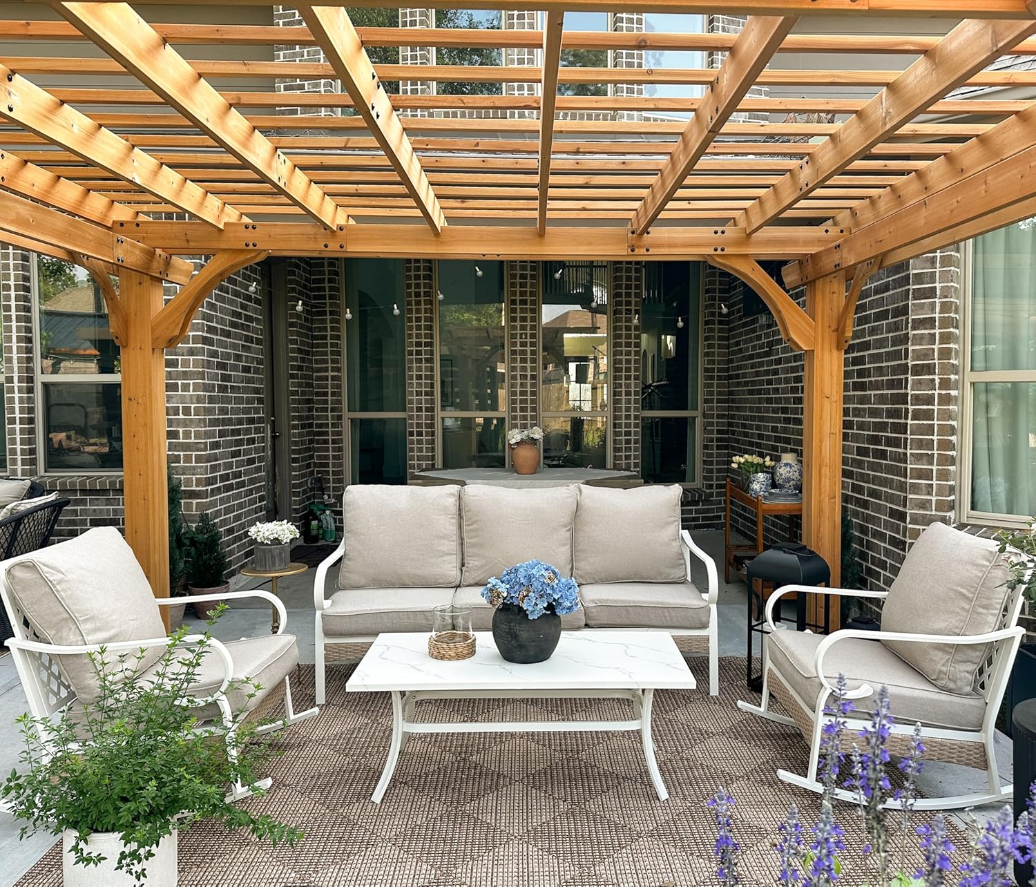 4 Piece Patio Furniture Set, 2 x Fixed Chair, 1 x 3-Seat Sofa with Marbling Coffee Table, All Cushioned 5 Seats Outdoor Conversation Set for Lawn Garden Backyard, Beige