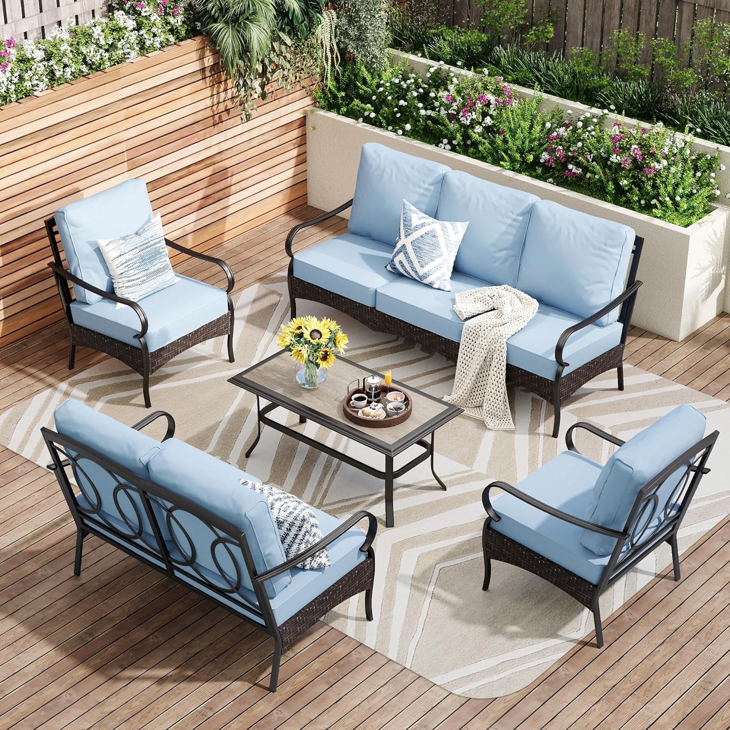 Outdoor Modern Patio Furniture Set, Upgraded Wicker&Metal Patio Furniture Conversation Set with Waterproof Thick Cushions for Porch, Poolside, Deck, and Yard (5 Pieces,Beige)