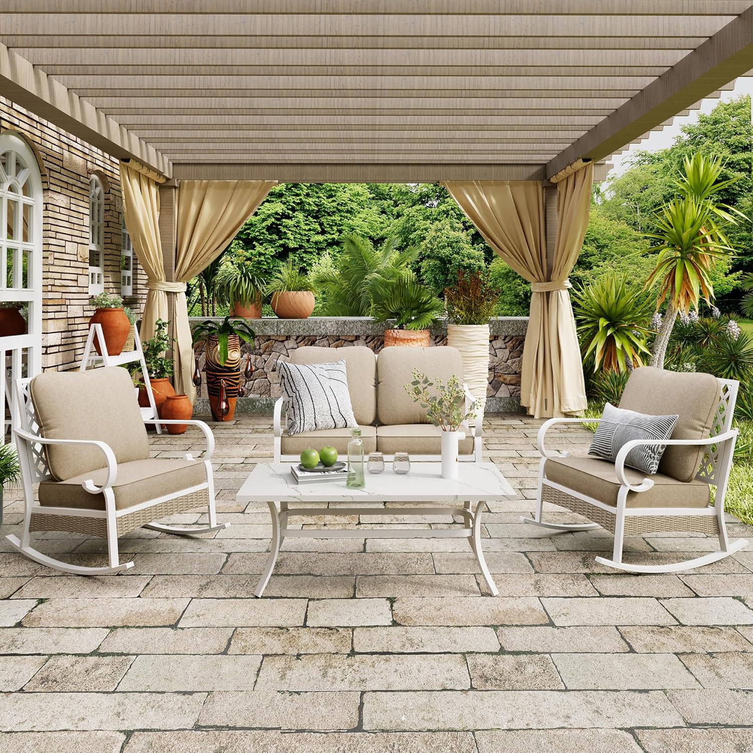 4 Piece Patio Furniture Set, 2 x Fixed Chair, 1 x 3-Seat Sofa with Marbling Coffee Table, All Cushioned 5 Seats Outdoor Conversation Set for Lawn Garden Backyard, Beige