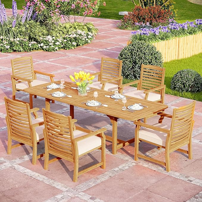  7 PCS Acacia Wood Outdoor Dining Set for 6, Expandable Teak Wooden Table & Chairs with Cushions, Farmhouse Dining Furniture Set for Patio, Deck, Yard