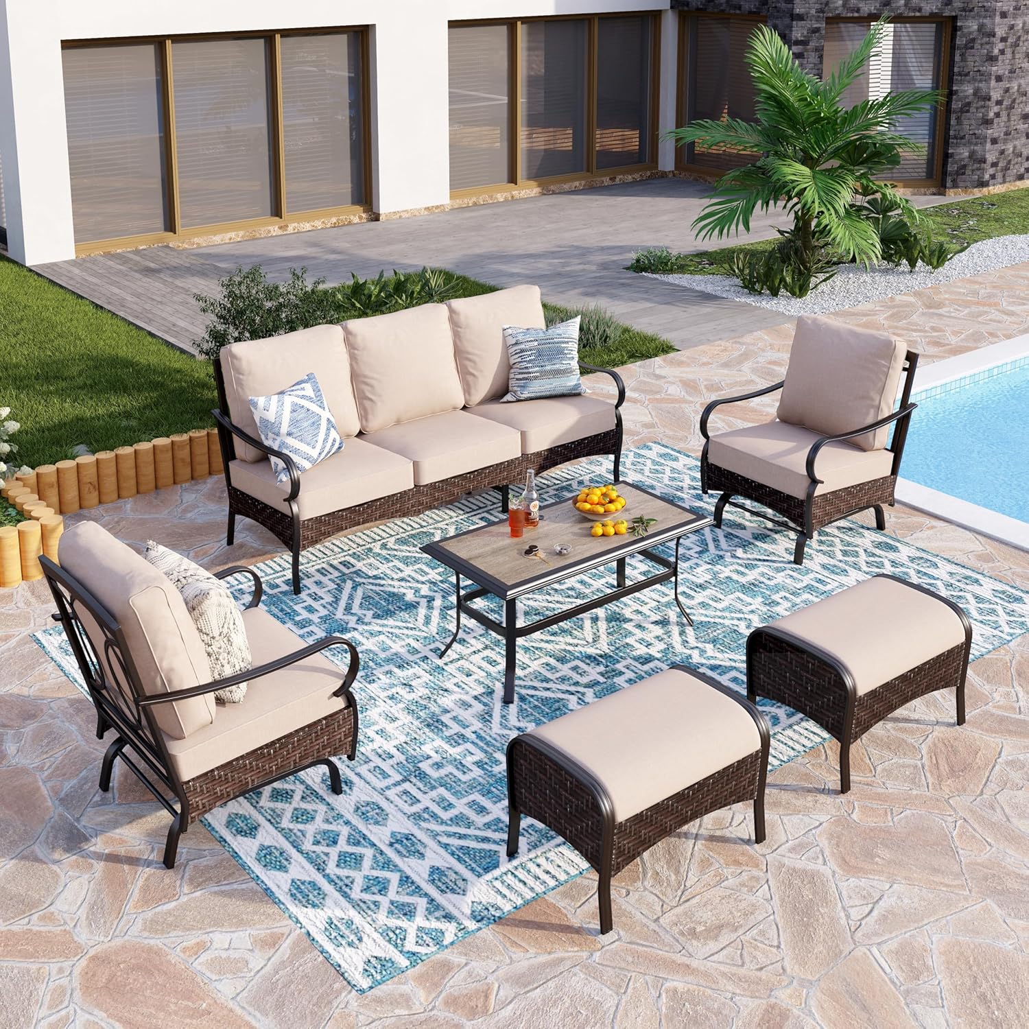 Outdoor Modern Patio Furniture Set, Upgraded Wicker&Metal Patio Furniture Conversation Set with Waterproof Thick Cushions for Porch, Poolside, Deck, and Yard (5 Pieces,Beige)