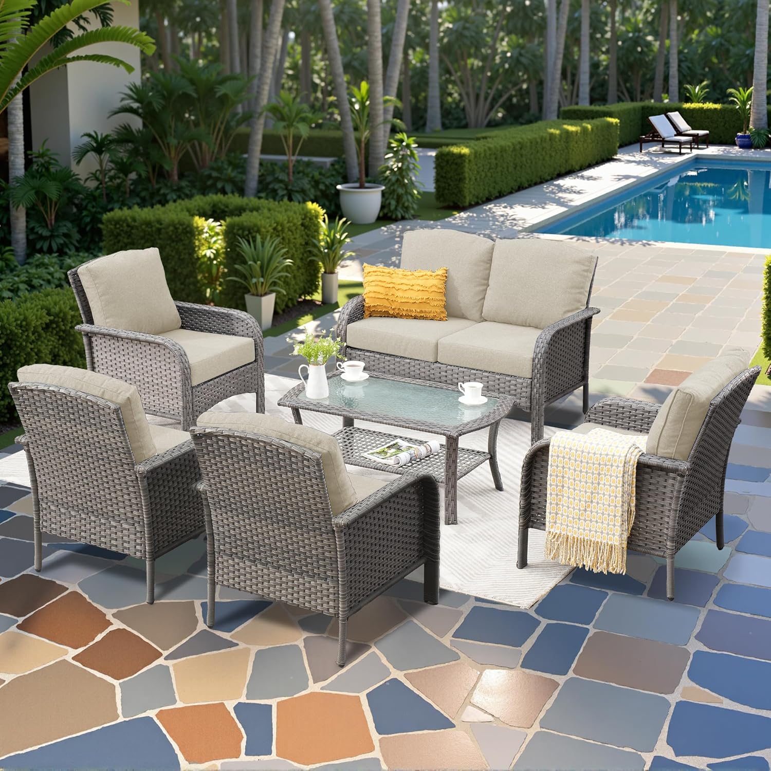 5 Pieces Patio Furniture Set,Outdoor Furniture with Rockers, Rattan Conversation Sets w/Coffee Table, Grey Wicker Light Dark Gray Cushion