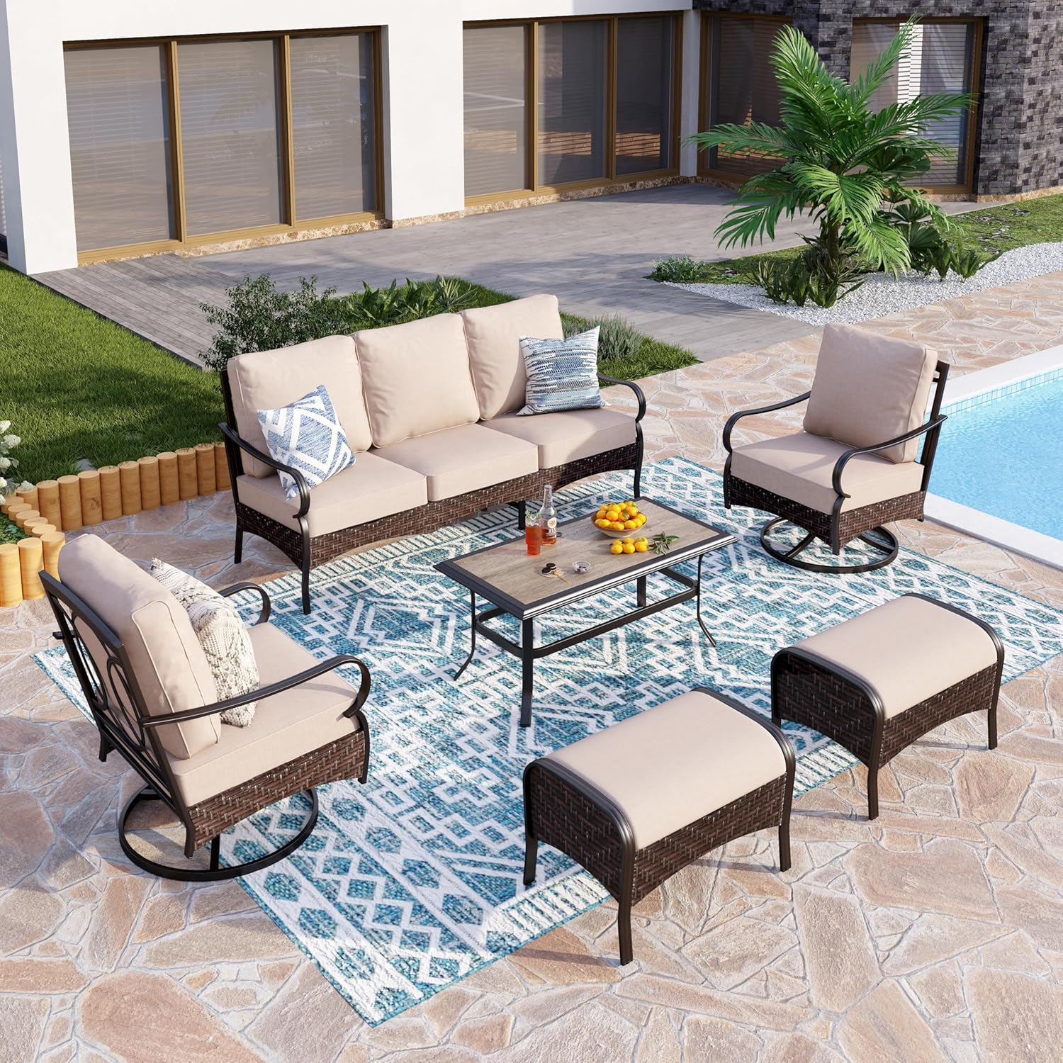 Outdoor Modern Patio Furniture Set, Upgraded Wicker&Metal Patio Furniture Conversation Set with Waterproof Thick Cushions for Porch, Poolside, Deck, and Yard (5 Pieces,Beige)