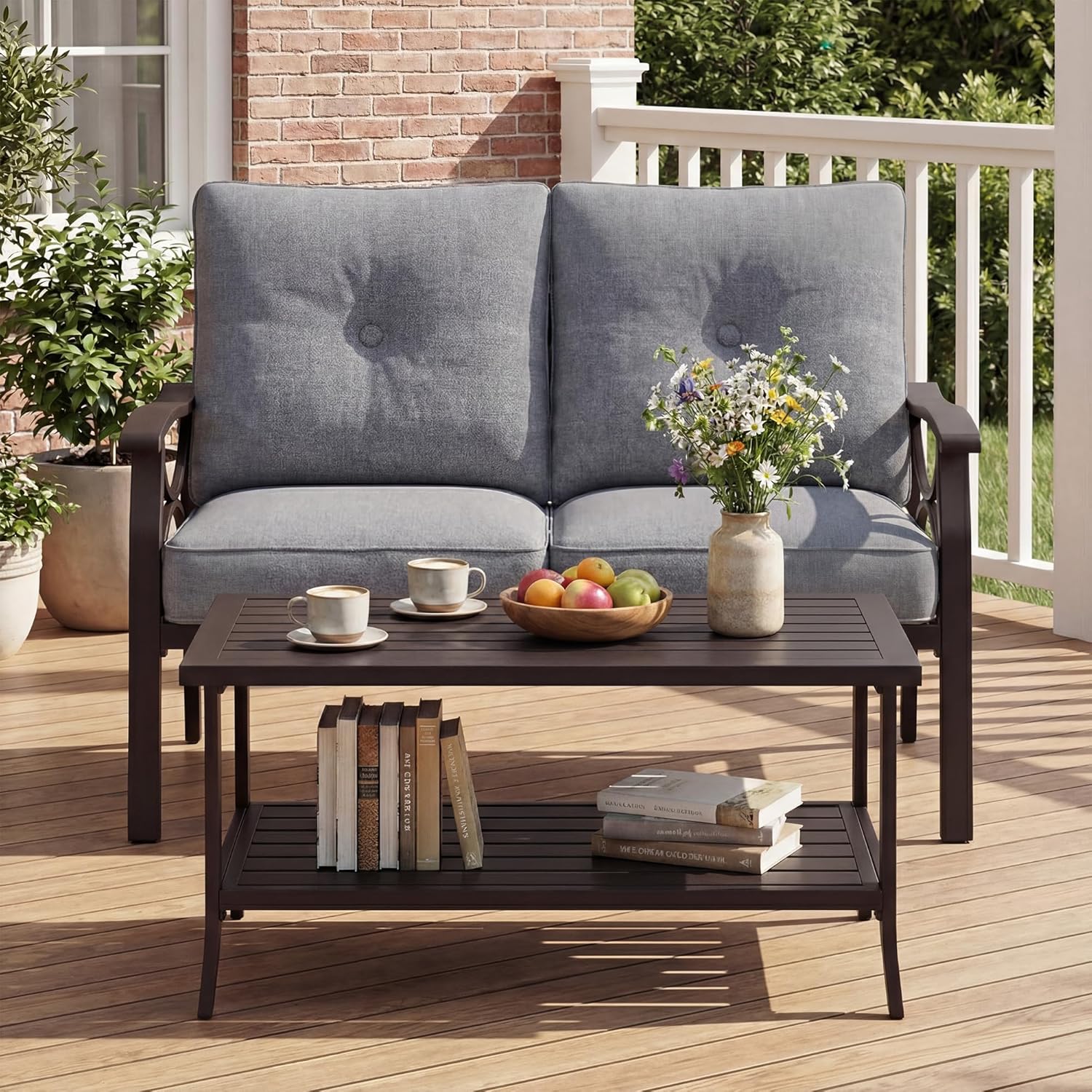 4-Piece Outdoor Patio Furniture Set, Outdoor Metal Sectional Furniture with Cushions, Outdoor Conversation Seating Set with Coffee Table for Deck, Backyard, Garden, Balcony, Khaki