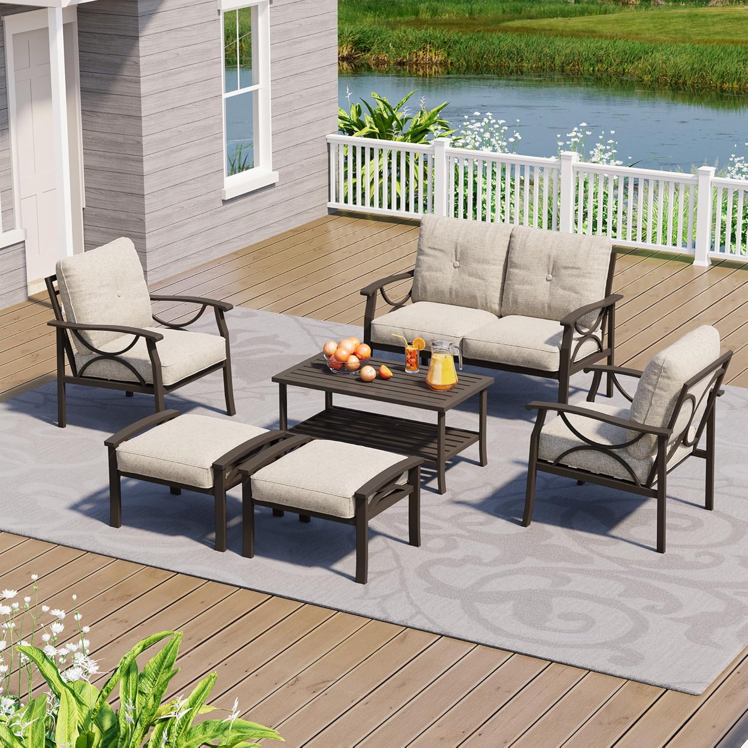 4-Piece Outdoor Patio Furniture Set, Outdoor Metal Sectional Furniture with Cushions, Outdoor Conversation Seating Set with Coffee Table for Deck, Backyard, Garden, Balcony, Khaki