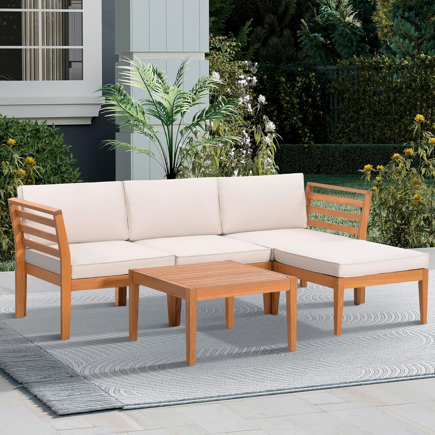 3 Piece Outdoor Patio Furniture Set, Wooden Conversation Patio Set with Padded Cushion Chairs and Coffee Table, Acacia Wood Lounge Conversation Set for Porch Balcony Deck Backyard