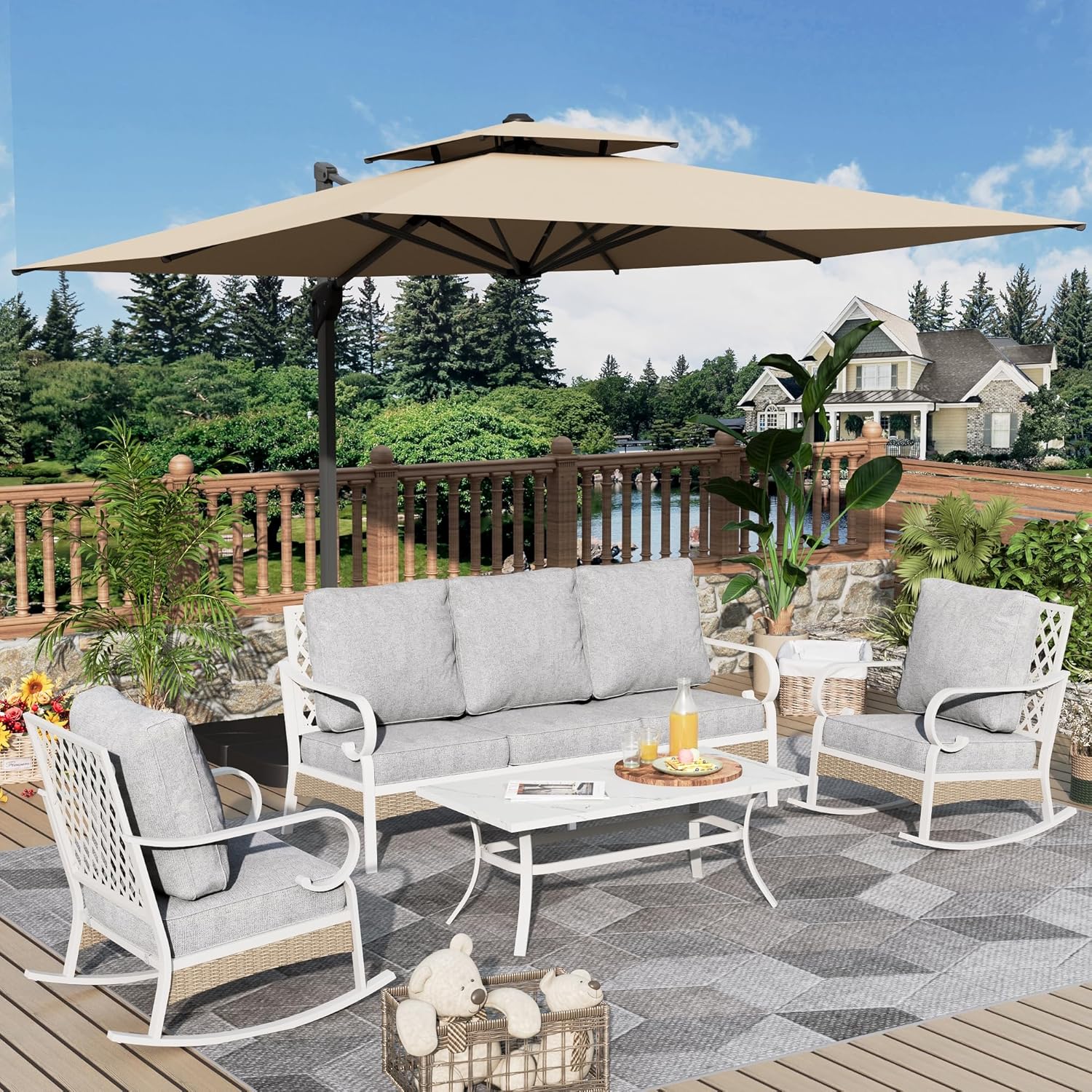 4 Piece Patio Furniture Set, 2 x Fixed Chair, 1 x 3-Seat Sofa with Marbling Coffee Table, All Cushioned 5 Seats Outdoor Conversation Set for Lawn Garden Backyard, Beige