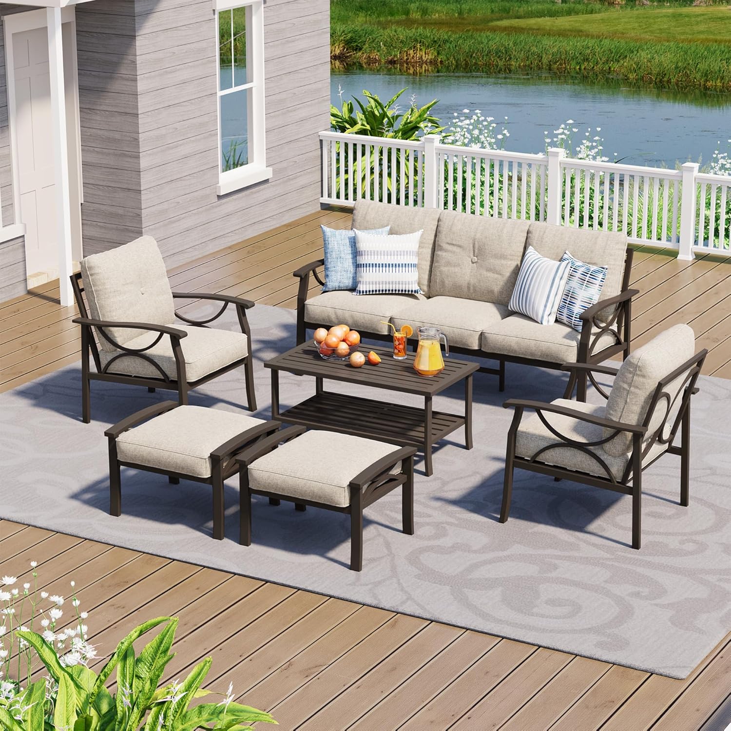 4-Piece Outdoor Patio Furniture Set, Outdoor Metal Sectional Furniture with Cushions, Outdoor Conversation Seating Set with Coffee Table for Deck, Backyard, Garden, Balcony, Khaki