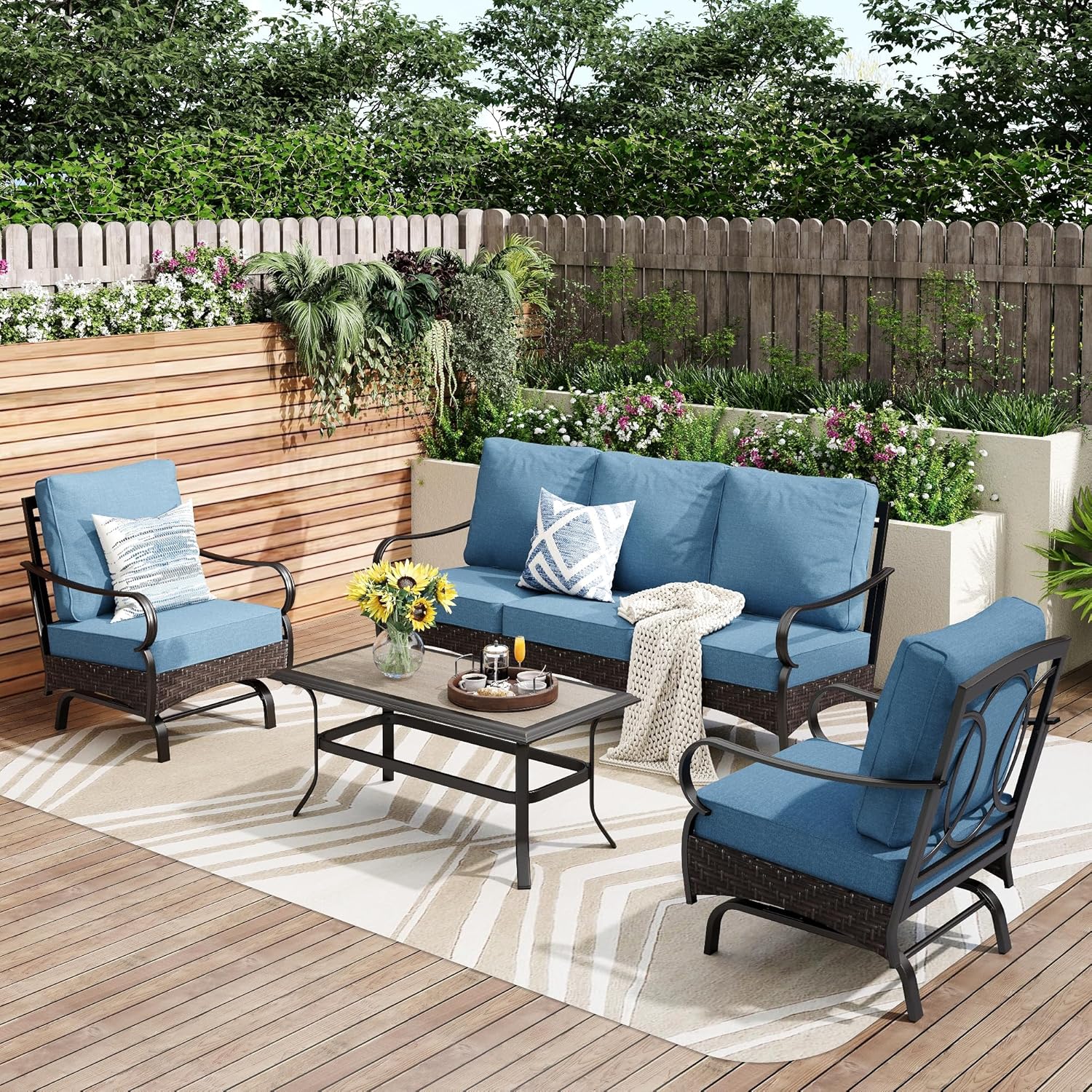 Outdoor Modern Patio Furniture Set, Upgraded Wicker&Metal Patio Furniture Conversation Set with Waterproof Thick Cushions for Porch, Poolside, Deck, and Yard (5 Pieces,Beige)