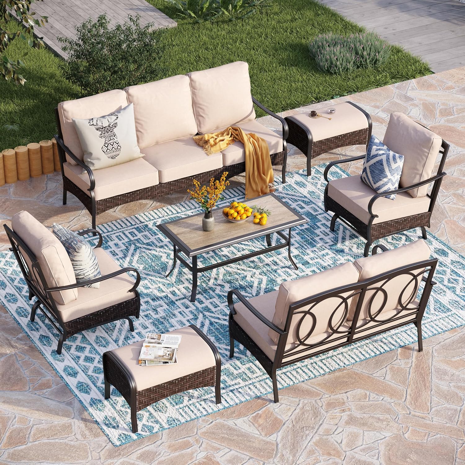 Outdoor Modern Patio Furniture Set, Upgraded Wicker&Metal Patio Furniture Conversation Set with Waterproof Thick Cushions for Porch, Poolside, Deck, and Yard (5 Pieces,Beige)