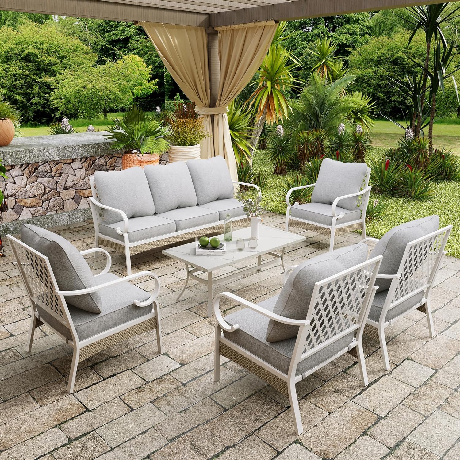 4 Piece Patio Furniture Set, 2 x Fixed Chair, 1 x 3-Seat Sofa with Marbling Coffee Table, All Cushioned 5 Seats Outdoor Conversation Set for Lawn Garden Backyard, Beige