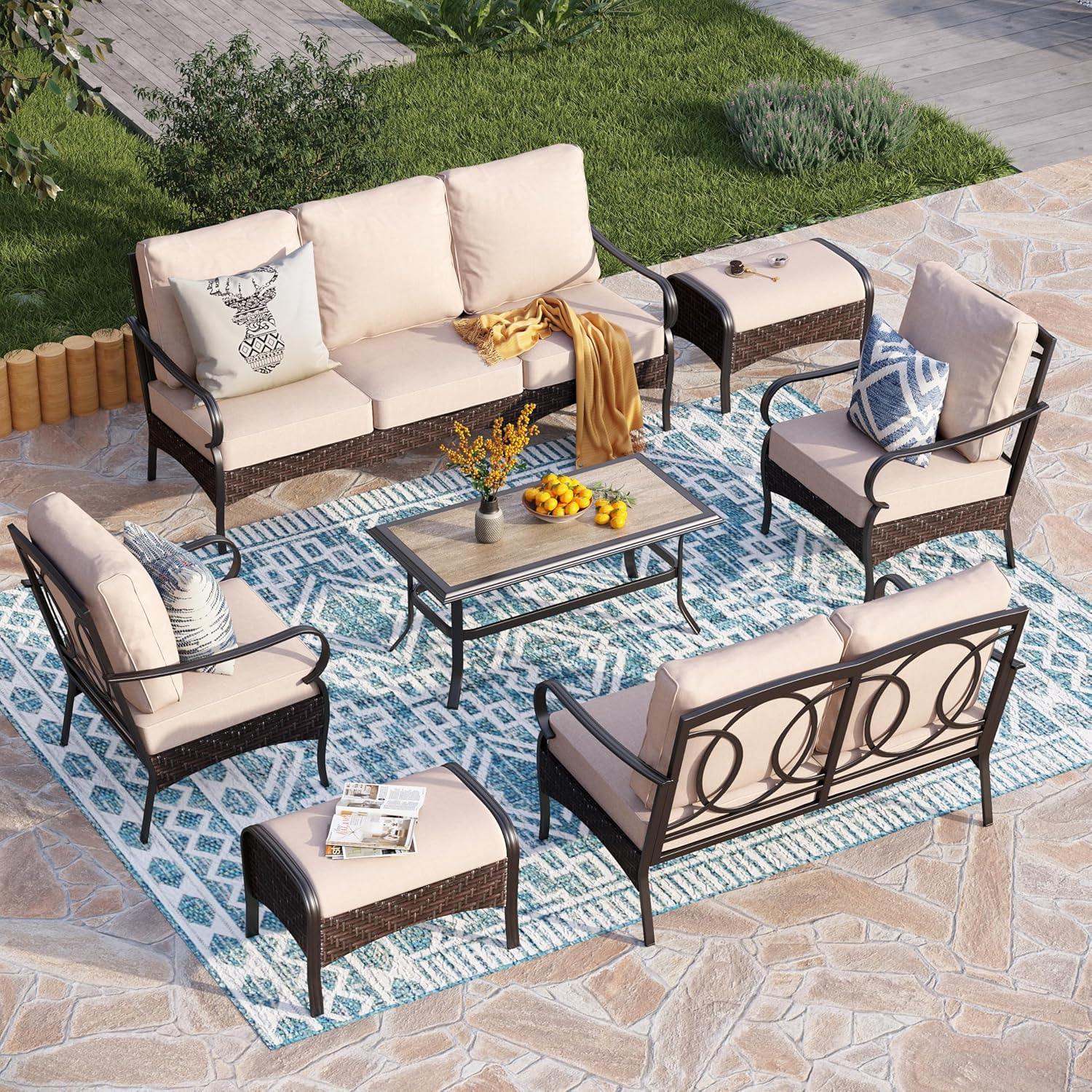 Outdoor Modern Patio Furniture Set, Upgraded Wicker&Metal Patio Furniture Conversation Set with Waterproof Thick Cushions for Porch, Poolside, Deck, and Yard (5 Pieces,Beige)