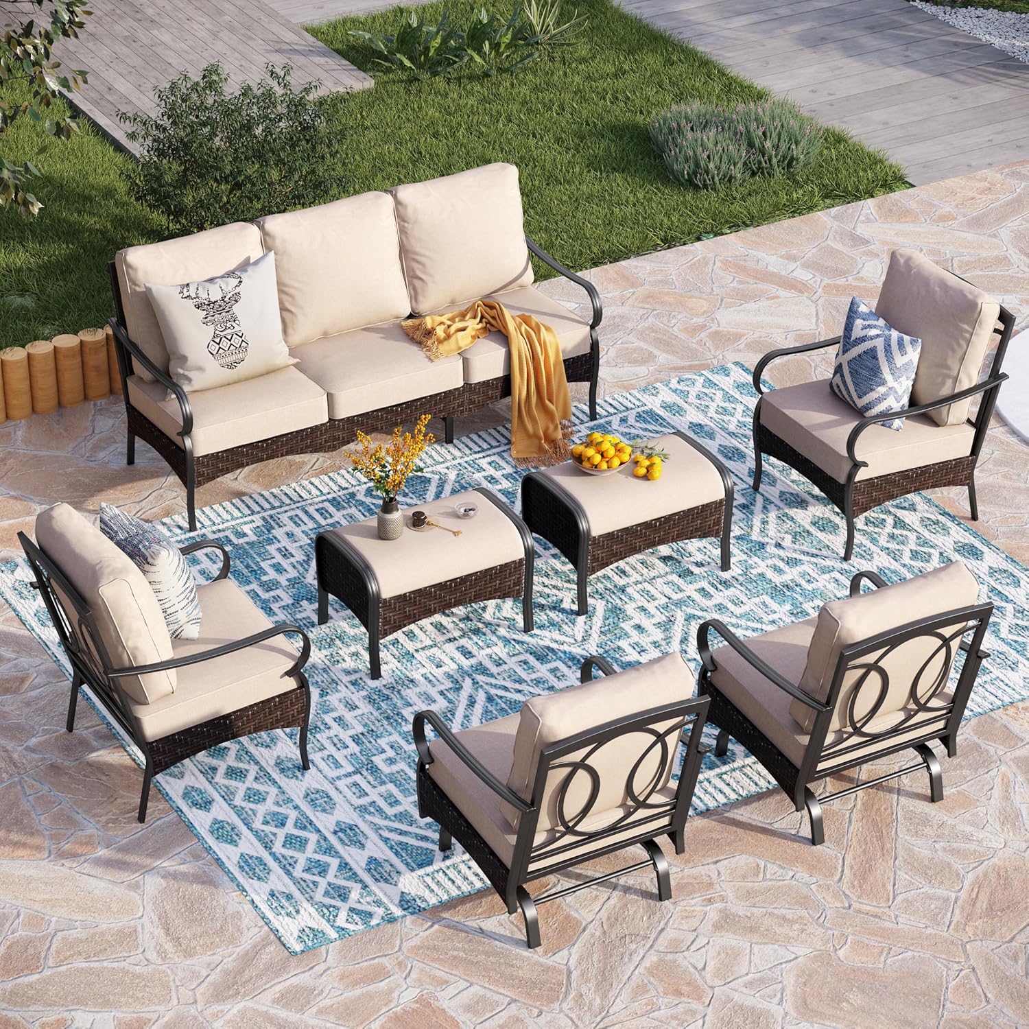 Outdoor Modern Patio Furniture Set, Upgraded Wicker&Metal Patio Furniture Conversation Set with Waterproof Thick Cushions for Porch, Poolside, Deck, and Yard (5 Pieces,Beige)