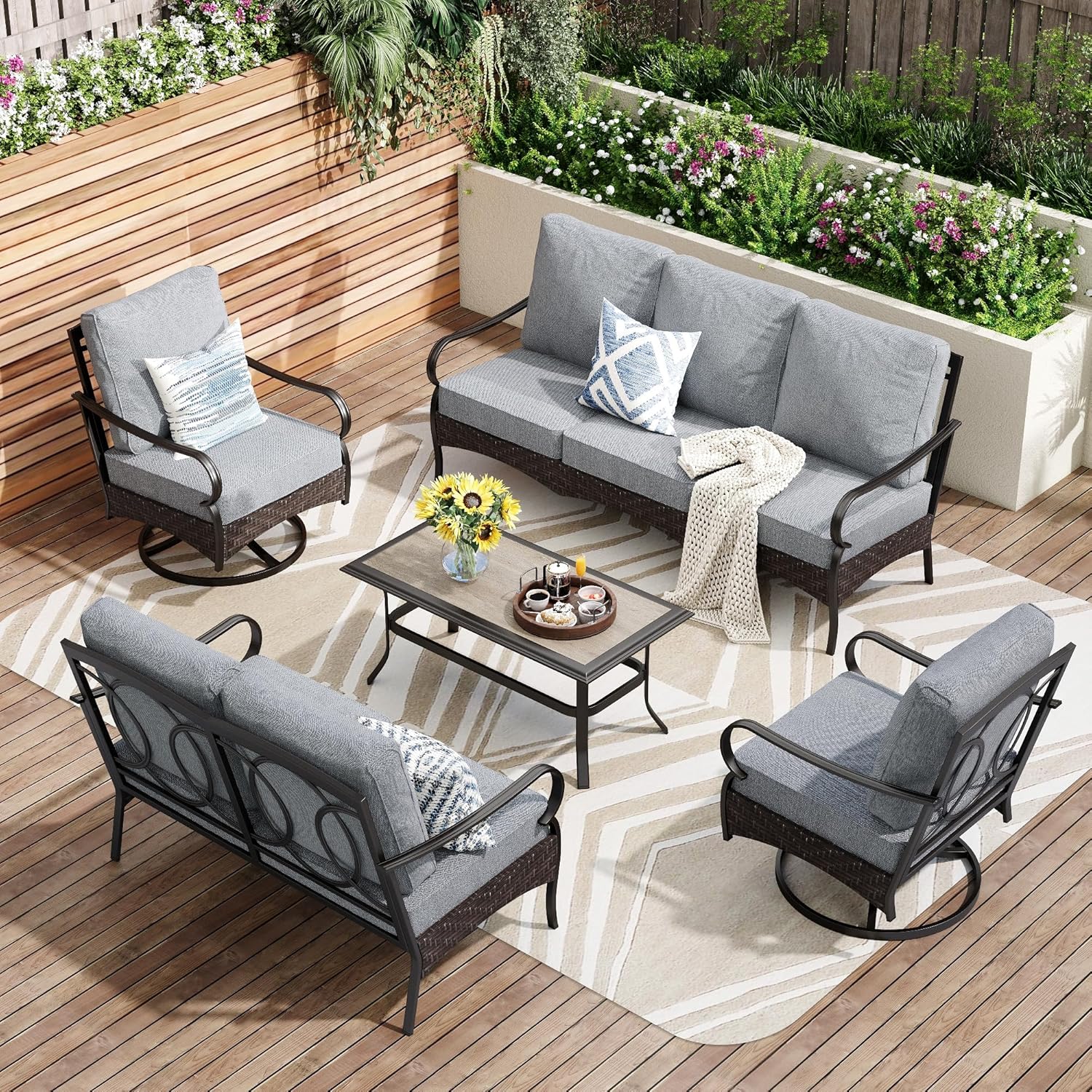 Outdoor Modern Patio Furniture Set, Upgraded Wicker&Metal Patio Furniture Conversation Set with Waterproof Thick Cushions for Porch, Poolside, Deck, and Yard (5 Pieces,Beige)