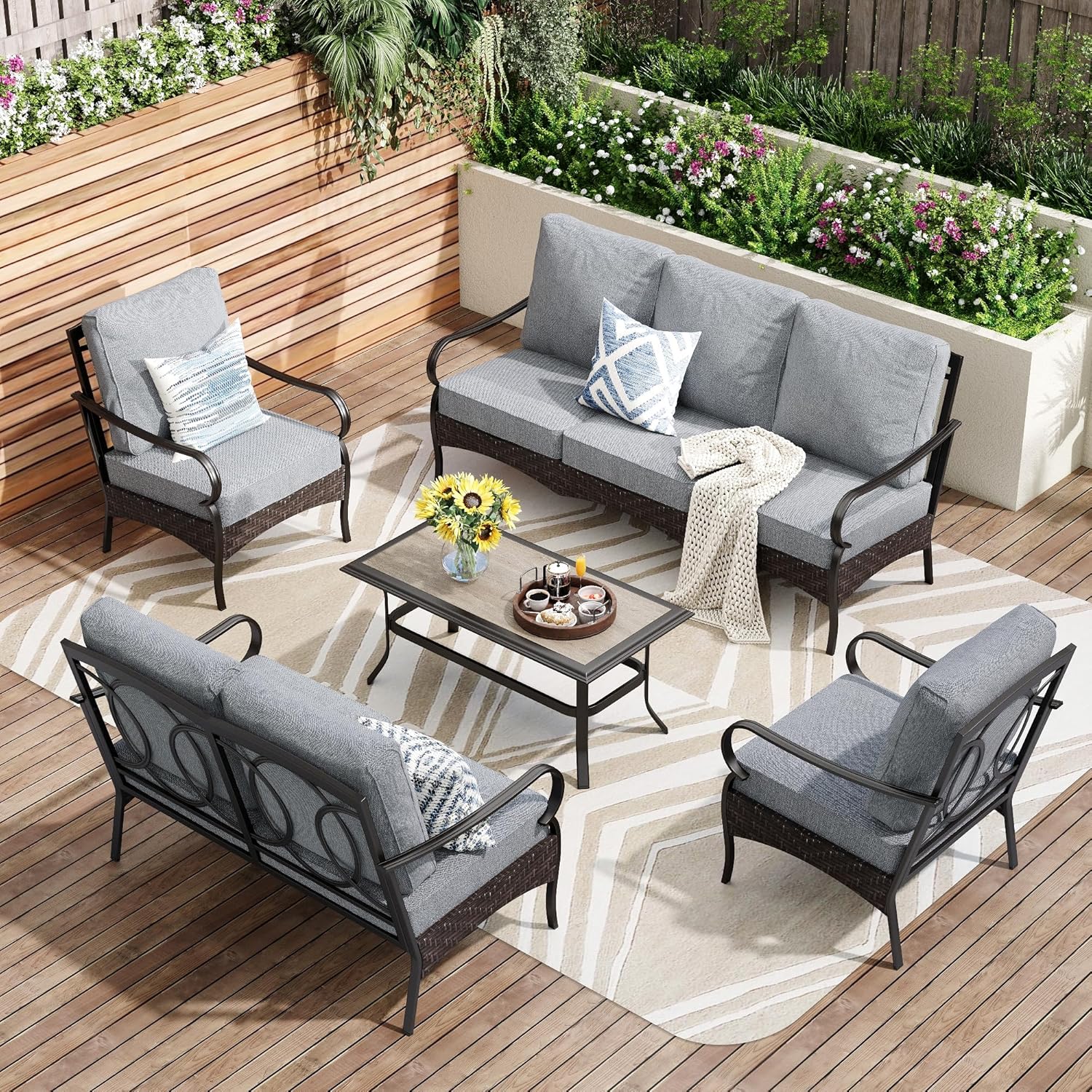 Outdoor Modern Patio Furniture Set, Upgraded Wicker&Metal Patio Furniture Conversation Set with Waterproof Thick Cushions for Porch, Poolside, Deck, and Yard (5 Pieces,Beige)