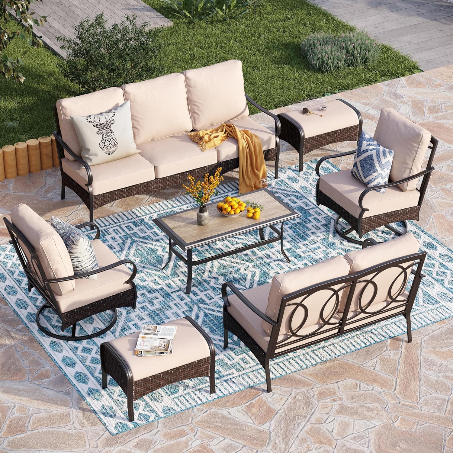 Outdoor Modern Patio Furniture Set, Upgraded Wicker&Metal Patio Furniture Conversation Set with Waterproof Thick Cushions for Porch, Poolside, Deck, and Yard (5 Pieces,Beige)