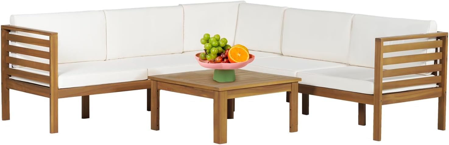 5-Piece Acacia Wood Outdoor Sofa Set Patio Bistro Set Furniture Outdoor Chat Conversation Table Chair Set with Water Resistant Cushions and Coffee Table for Beach Backyard Garden