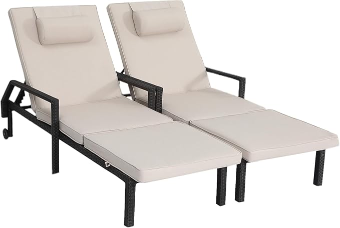 Patio Chaise Lounge Set – Adjustable Outdoor Lounge Chairs with Cushions & Headrest – All-Weather Rattan Reclining Lounge Chairs for Poolside, Garden, and Patio (2 Pcs, Beige)