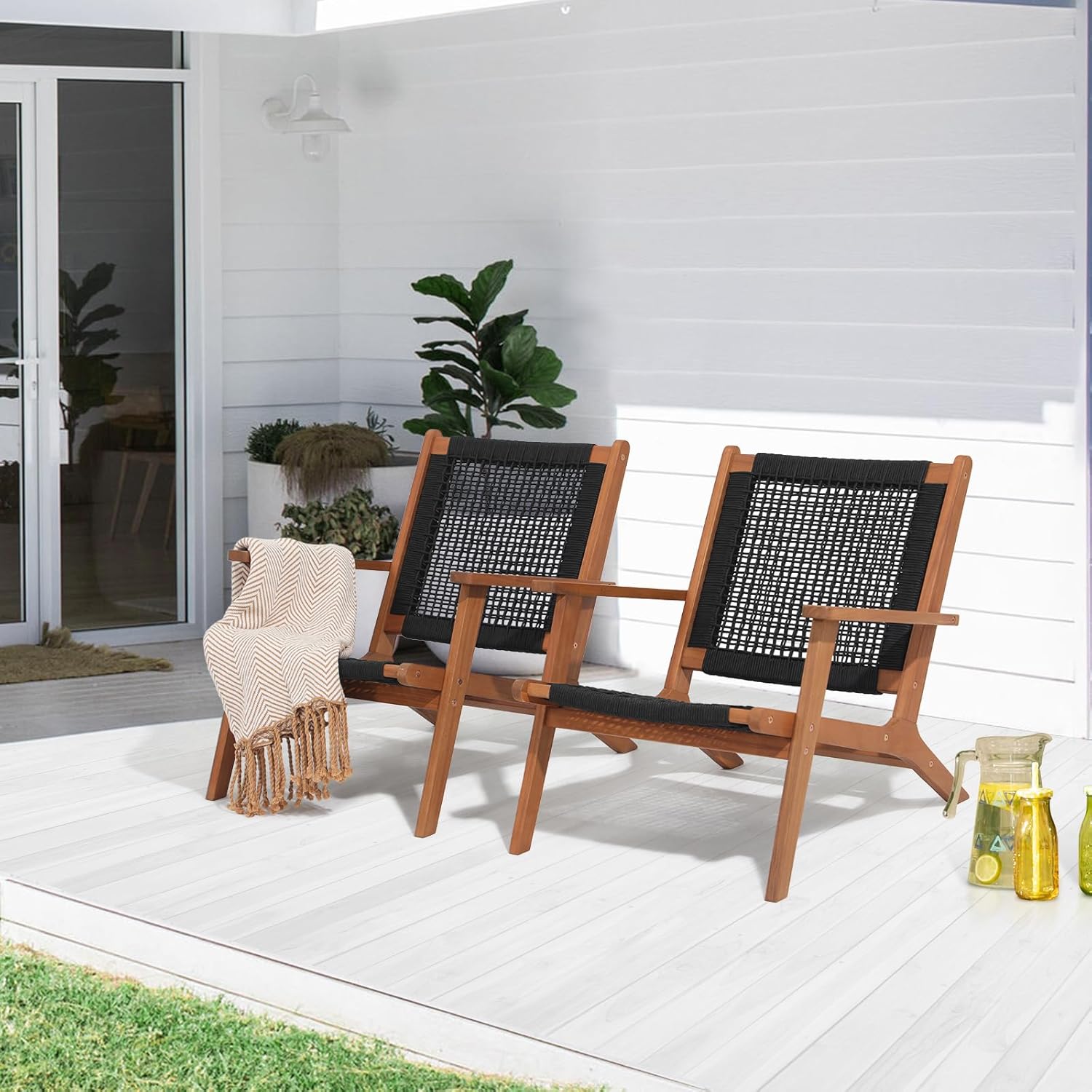 Garden Set of 2 Patio Lounge Chair, Modern Acacia Wood Accent Armchair with Handwoven Rope for Patio,Living Room, Bedroom, Balcony (Beige)