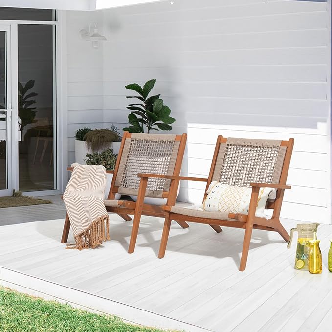 Garden Set of 2 Patio Lounge Chair, Modern Acacia Wood Accent Armchair with Handwoven Rope for Patio,Living Room, Bedroom, Balcony (Beige)