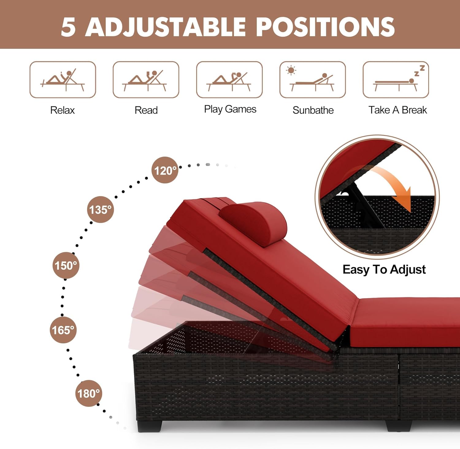 2-Piece Outdoor PE Wicker Chaise Lounge Chairs, Adjustable Reclining Patio Rattan Loungers with Cushions, Foldable Side Table & Head Pillow, All-Weather Pool Lounge Set for Garden, Deck, or Beach