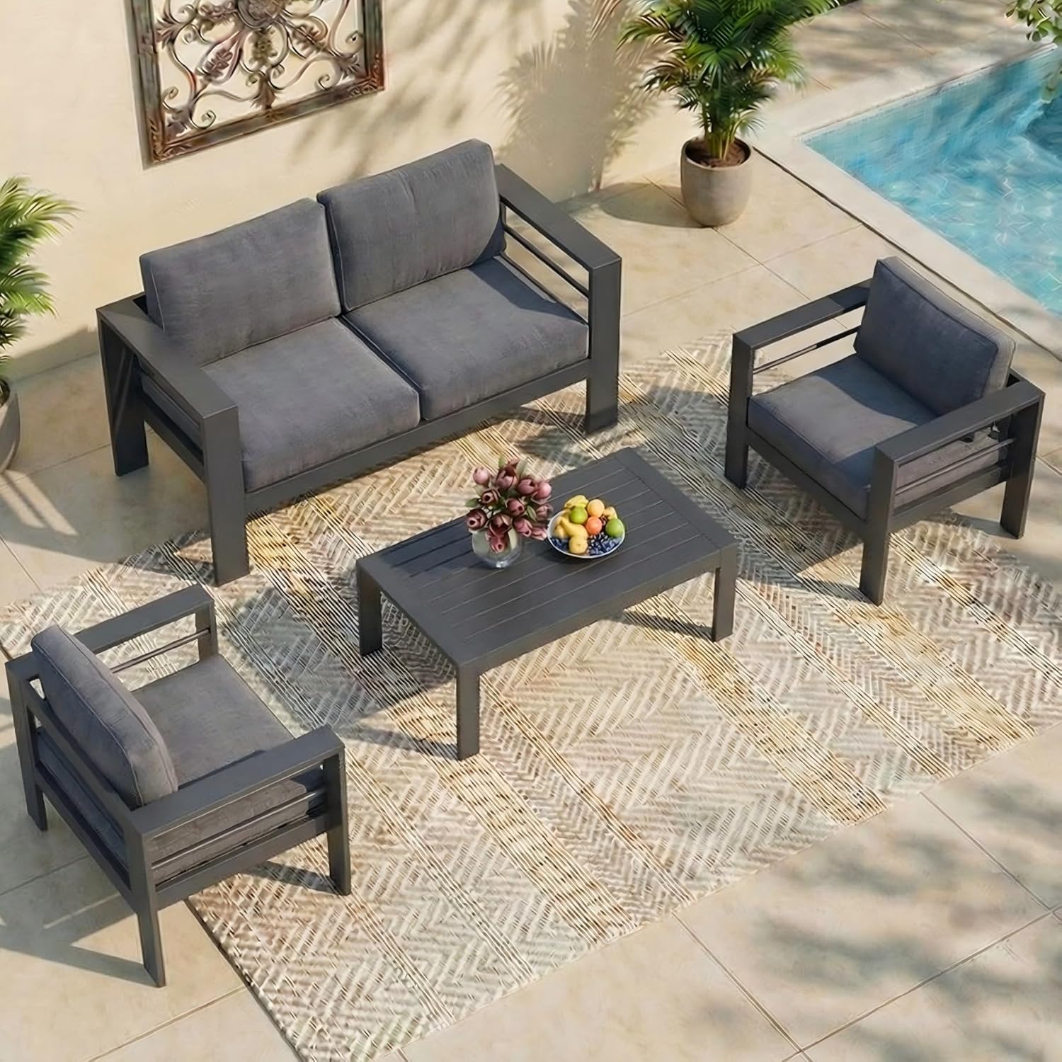 Aluminum Outdoor Patio Furniture Set, Oversized Patio Conversation Sets with Deep Seating and Wide Armrest, Outdoor Sectional Metal Sofa with 5 Inch Cushion and Coffee Table, Dark Grey