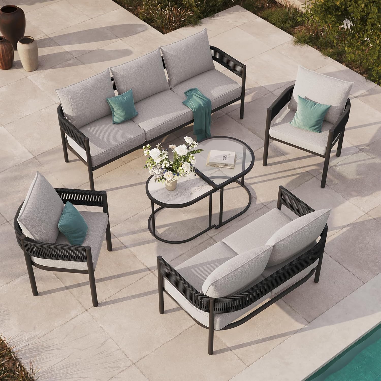 5-Piece Outdoor Furniture Set with Thick Cushions and Coffee Table, Wicker Sofa Conversation Set for Backyard, Natural