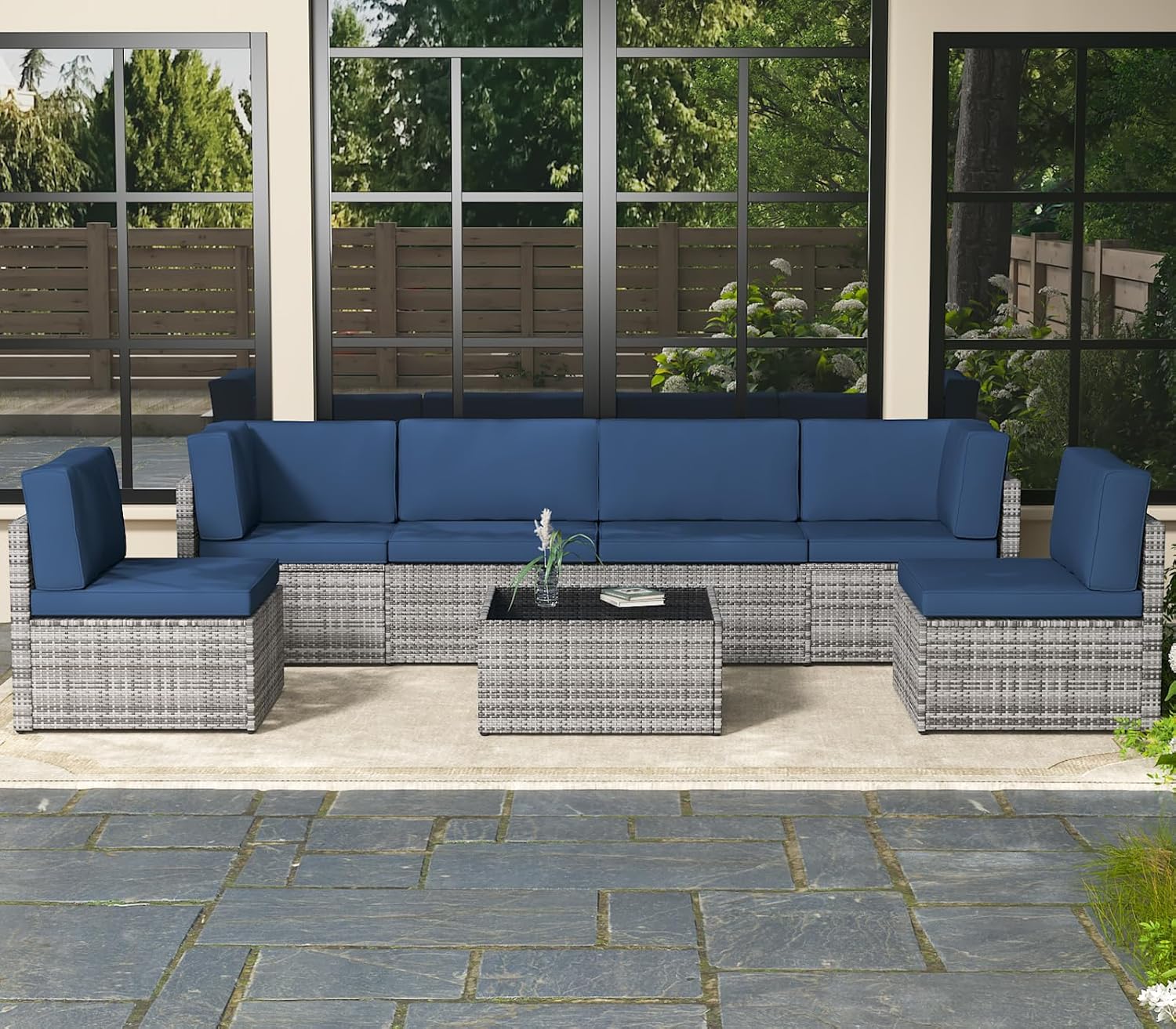 7 Piece Outdoor Patio Furniture Set, Outdoor Sectional Conversation Furniture Chair with Coffee Table, Patio Sectional for Backyard, Garden(Navy Cushions and Black Rattan)