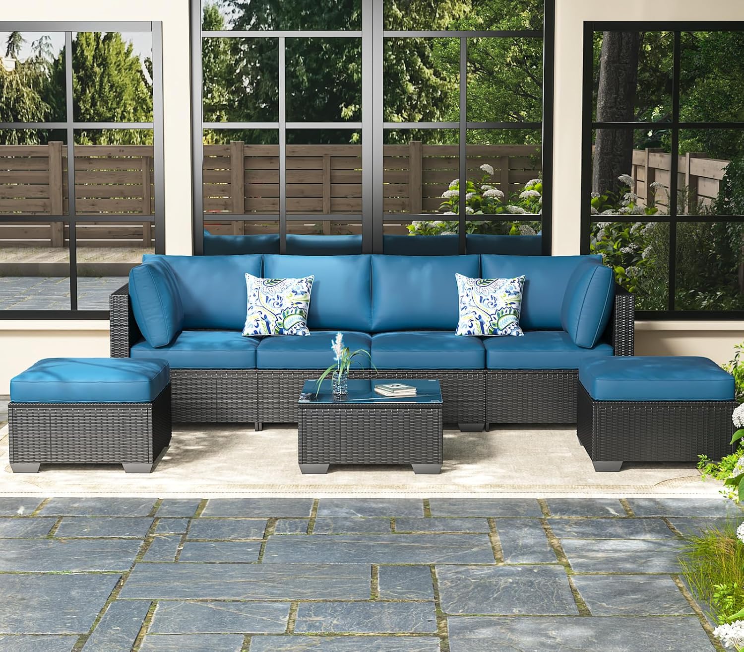 7 Piece Outdoor Patio Furniture Set, Outdoor Sectional Conversation Furniture Chair with Coffee Table, Patio Sectional for Backyard, Garden(Navy Cushions and Black Rattan)