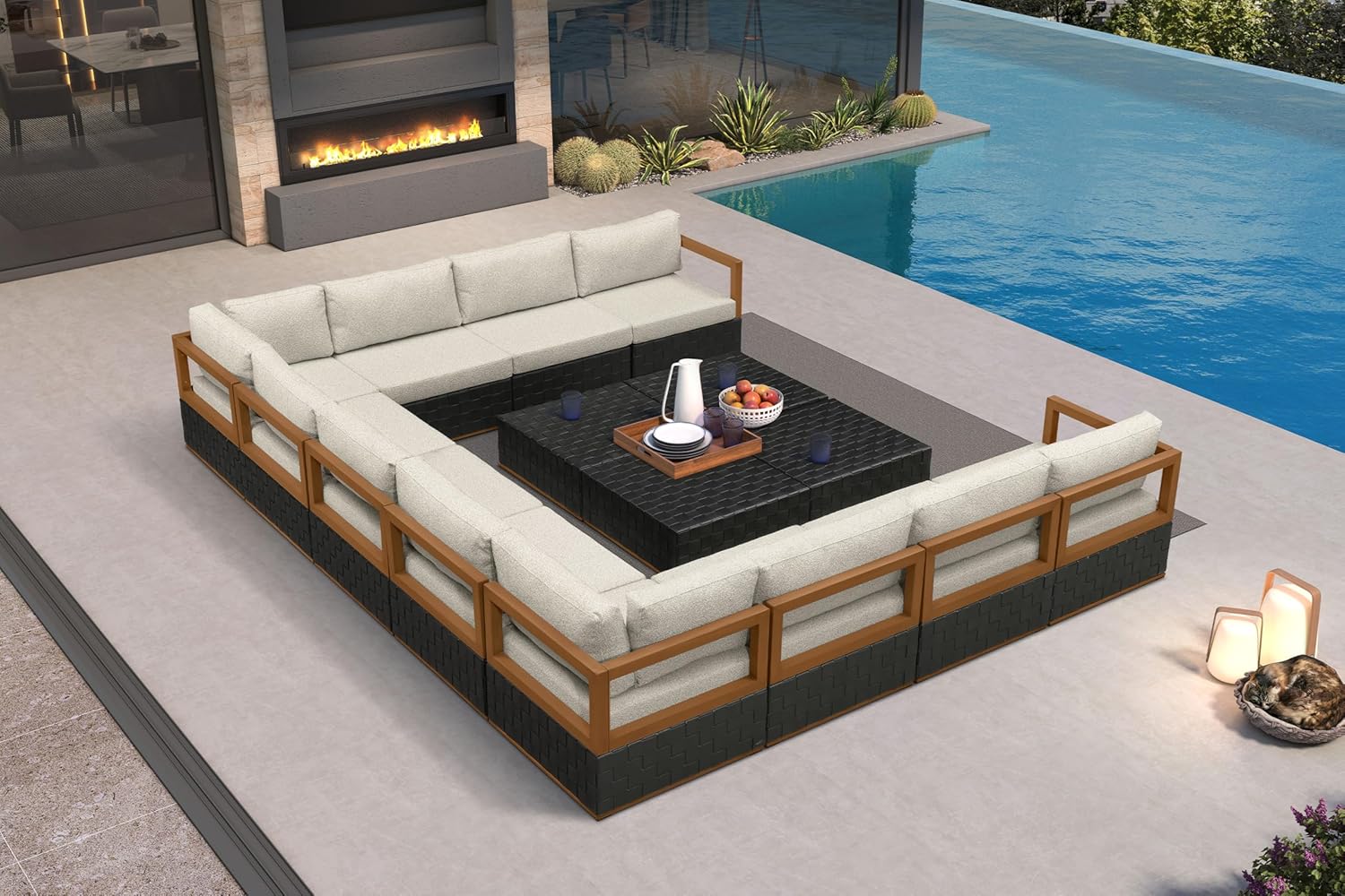 Patio Outdoor Furniture Set 4 Pieces, Premium Leather Outdoor Couch Sectional Sofa, L-Shaped Patio Conversation Sets with Olefin Cushions, Patio Couch for Porch, Balcony, Garden, Black