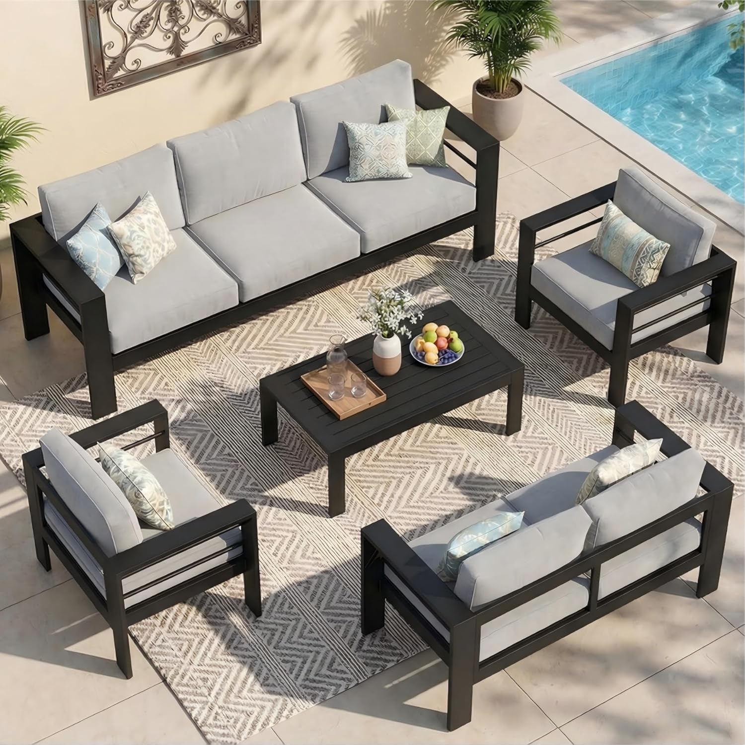 Aluminum Outdoor Patio Furniture Set, Oversized Patio Conversation Sets with Deep Seating and Wide Armrest, Outdoor Sectional Metal Sofa with 5 Inch Cushion and Coffee Table, Dark Grey