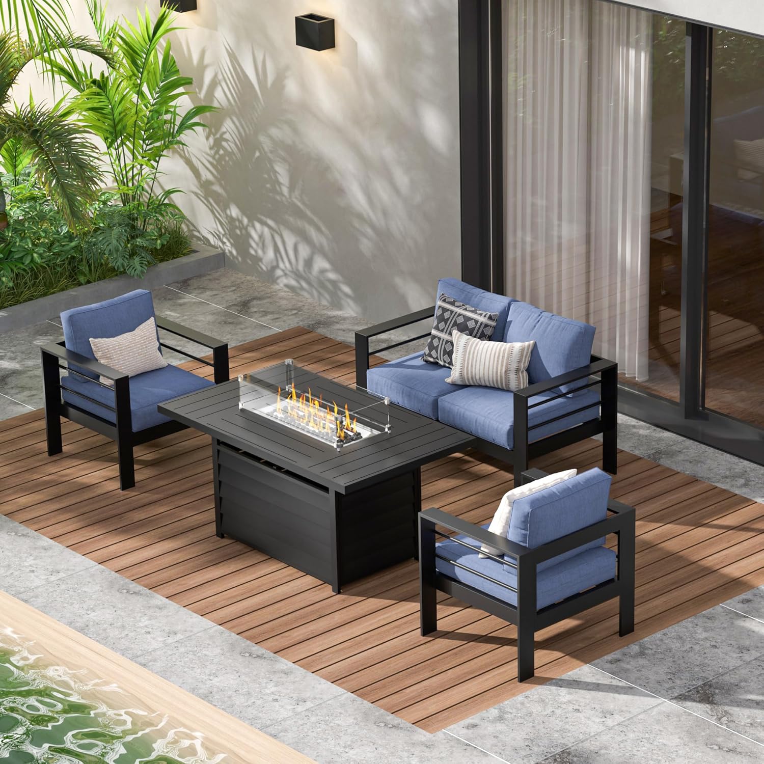 Aluminum Outdoor Patio Furniture Set, Oversized Patio Conversation Sets with Deep Seating and Wide Armrest, Outdoor Sectional Metal Sofa with 5 Inch Cushion and Coffee Table, Dark Grey