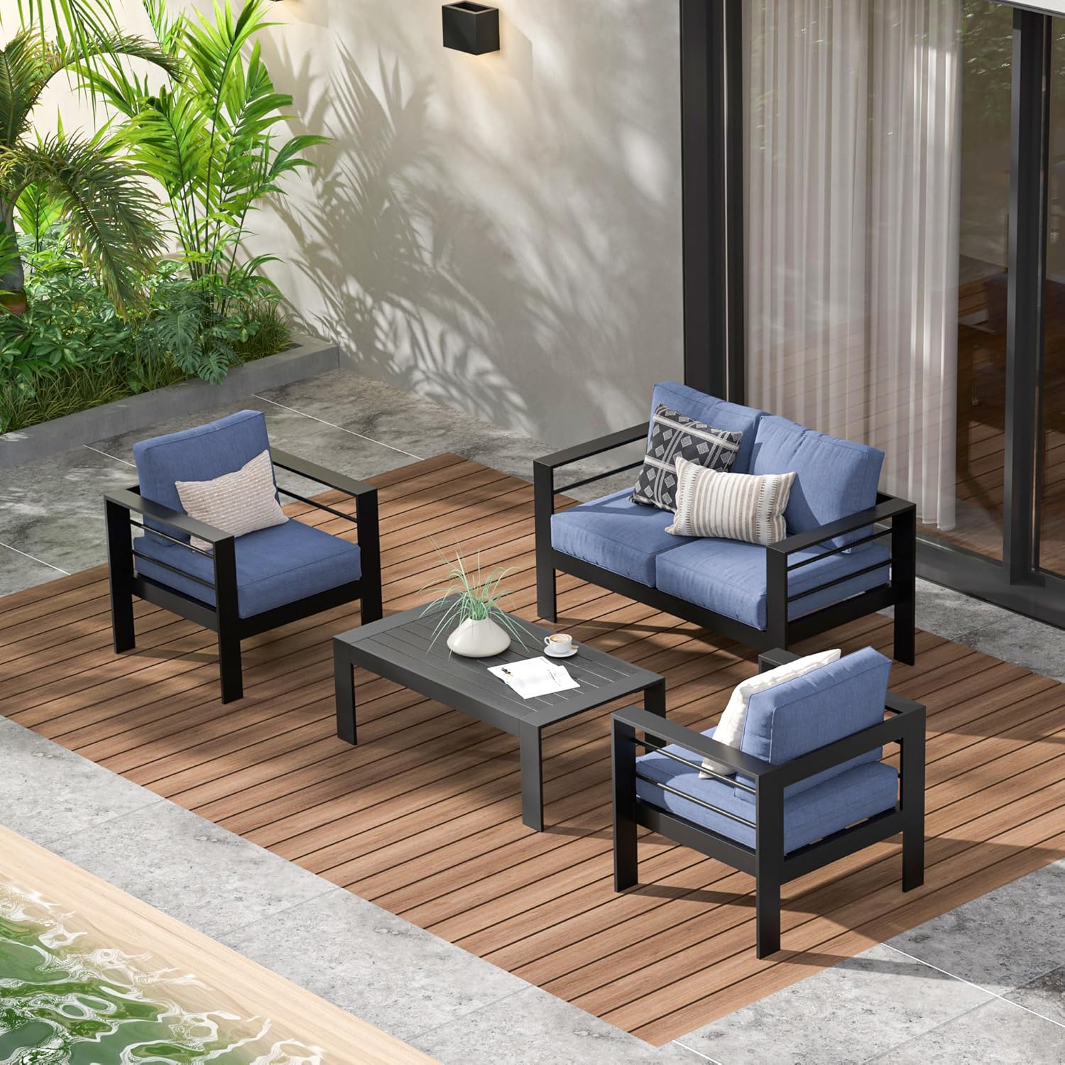 Aluminum Outdoor Patio Furniture Set, Oversized Patio Conversation Sets with Deep Seating and Wide Armrest, Outdoor Sectional Metal Sofa with 5 Inch Cushion and Coffee Table, Dark Grey