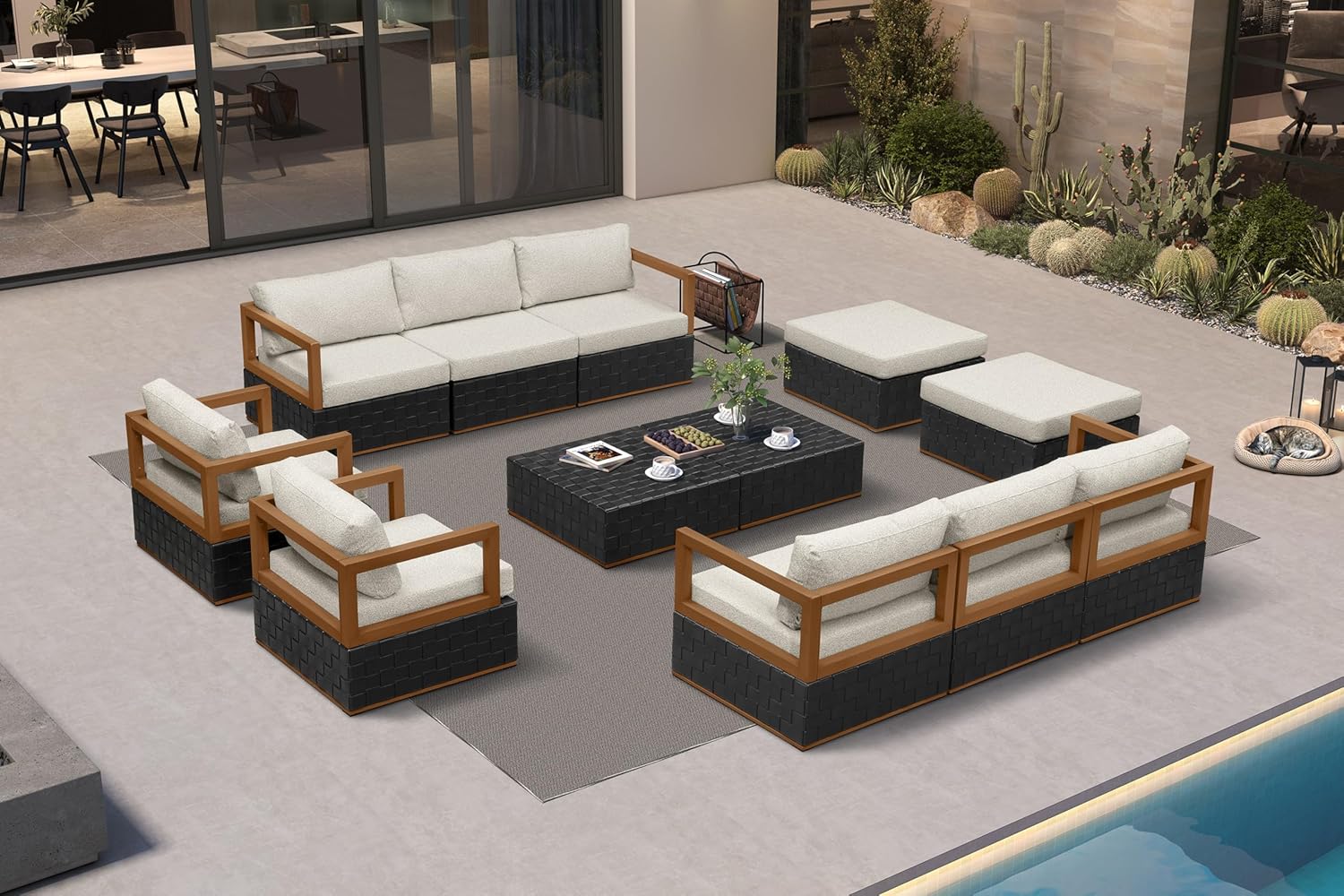 Patio Outdoor Furniture Set 4 Pieces, Premium Leather Outdoor Couch Sectional Sofa, L-Shaped Patio Conversation Sets with Olefin Cushions, Patio Couch for Porch, Balcony, Garden, Black
