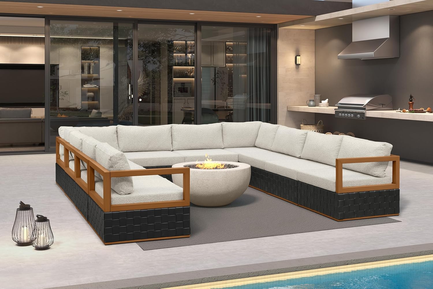 Patio Outdoor Furniture Set 4 Pieces, Premium Leather Outdoor Couch Sectional Sofa, L-Shaped Patio Conversation Sets with Olefin Cushions, Patio Couch for Porch, Balcony, Garden, Black