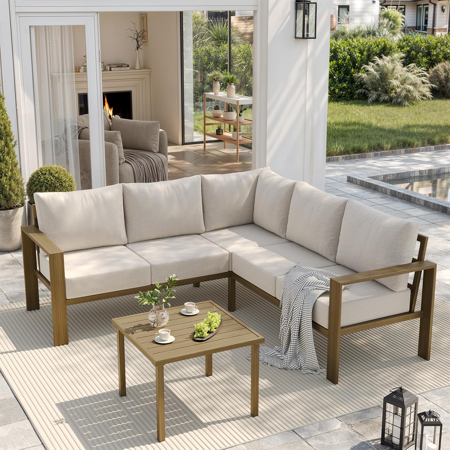 6 Piece Patio Furniture Set, Faux Wood Metal Outdoor Sectional Sofa with 6" Thick Olefin Cushions, Wide Armrest & Coffee Table, L Shaped Outdoor Furniture for Garden, Backyard Dark Grey
