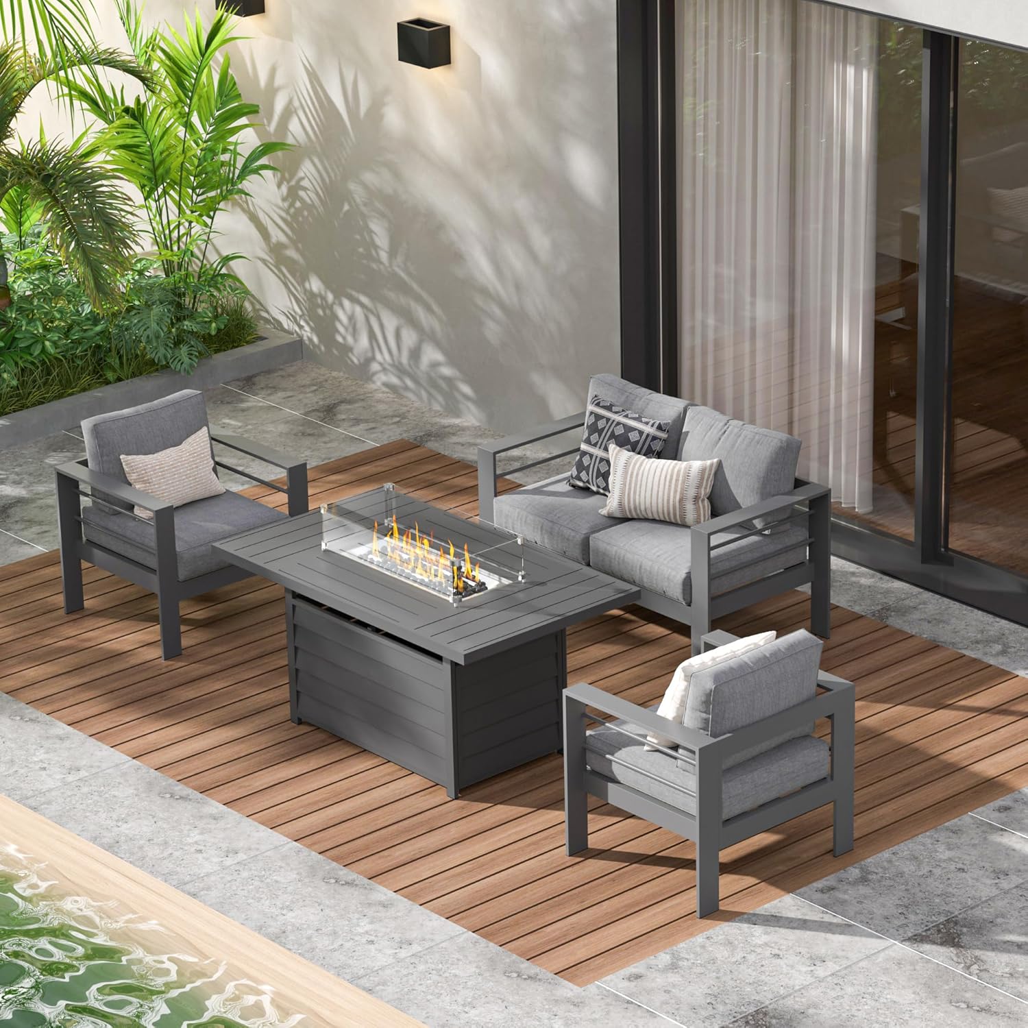 Aluminum Outdoor Patio Furniture Set, Oversized Patio Conversation Sets with Deep Seating and Wide Armrest, Outdoor Sectional Metal Sofa with 5 Inch Cushion and Coffee Table, Dark Grey