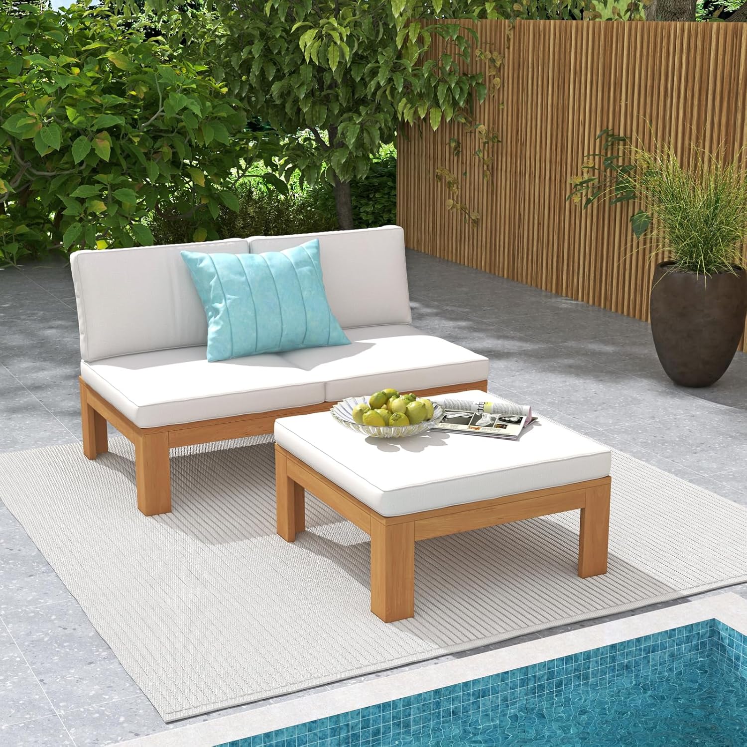 6 Piece Acacia Wood Patio Furniture Outdoor Sectional Sofa Set with Adjustable Armrest, FSC Certified L-Shaped Patio Set w/2-in-1 Coffee Table, Cream White Cushions for Garden