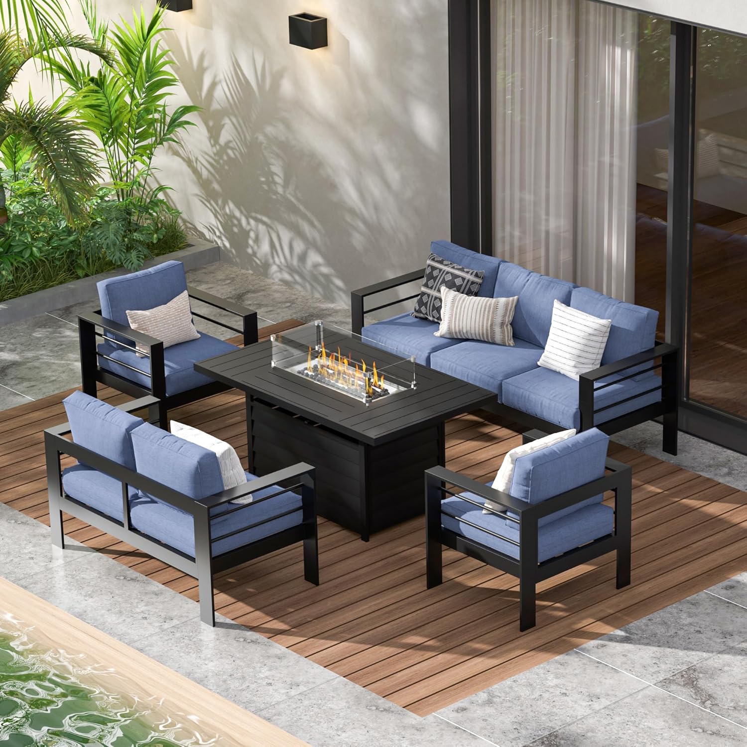 Aluminum Outdoor Patio Furniture Set, Oversized Patio Conversation Sets with Deep Seating and Wide Armrest, Outdoor Sectional Metal Sofa with 5 Inch Cushion and Coffee Table, Dark Grey