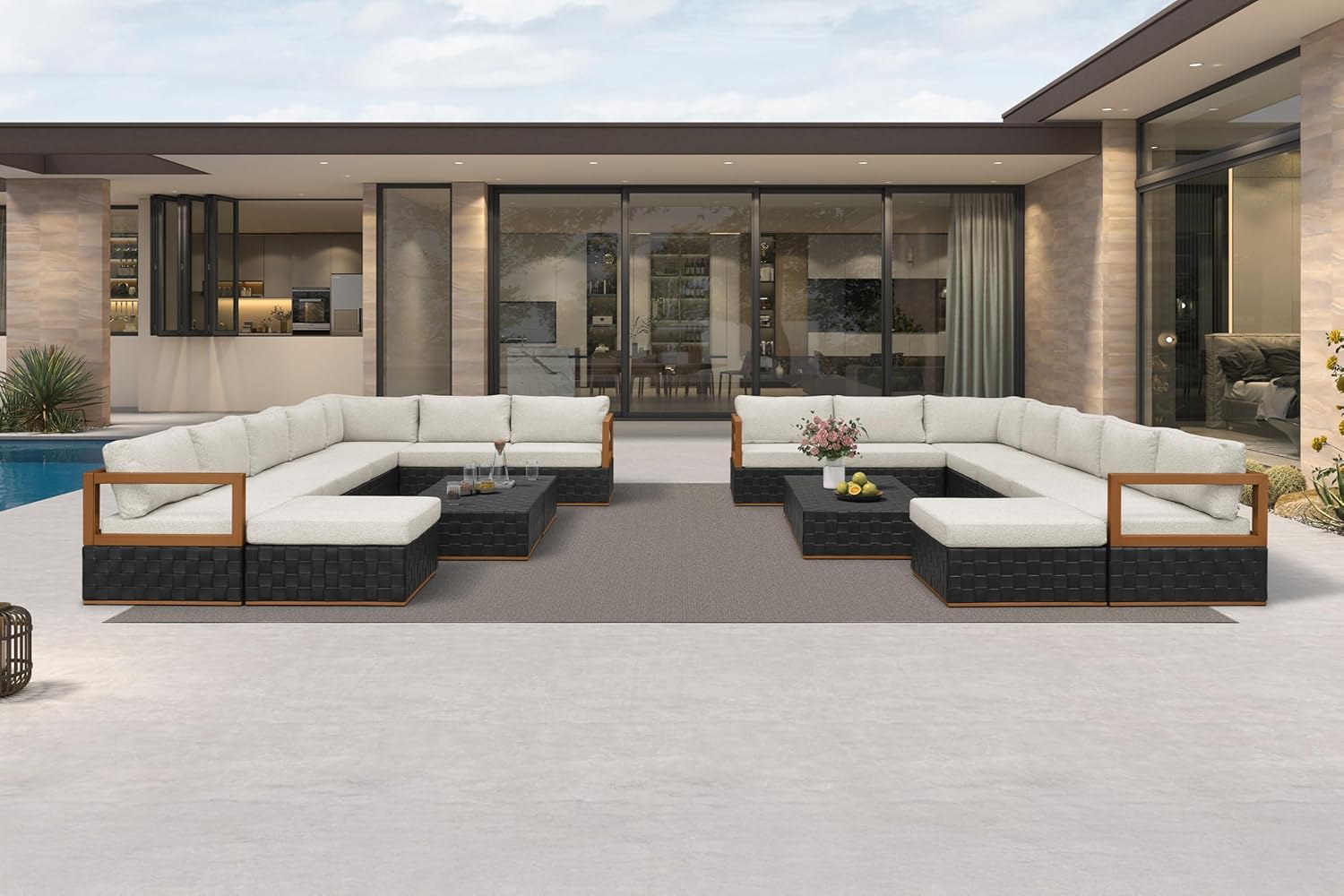 Patio Outdoor Furniture Set 4 Pieces, Premium Leather Outdoor Couch Sectional Sofa, L-Shaped Patio Conversation Sets with Olefin Cushions, Patio Couch for Porch, Balcony, Garden, Black