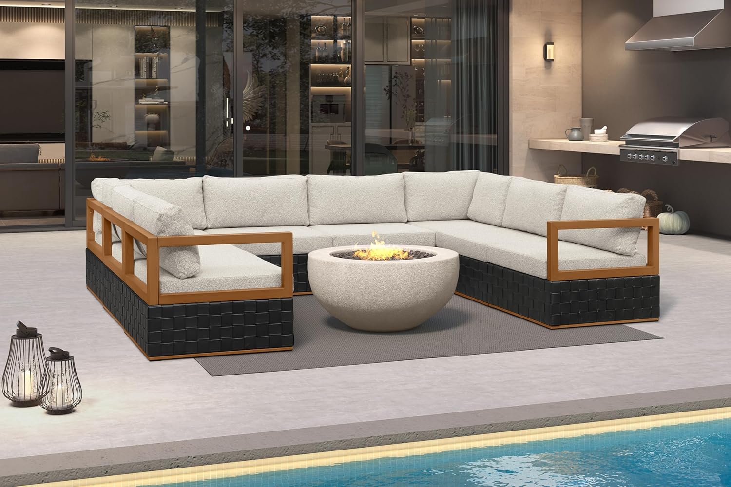 Patio Outdoor Furniture Set 4 Pieces, Premium Leather Outdoor Couch Sectional Sofa, L-Shaped Patio Conversation Sets with Olefin Cushions, Patio Couch for Porch, Balcony, Garden, Black