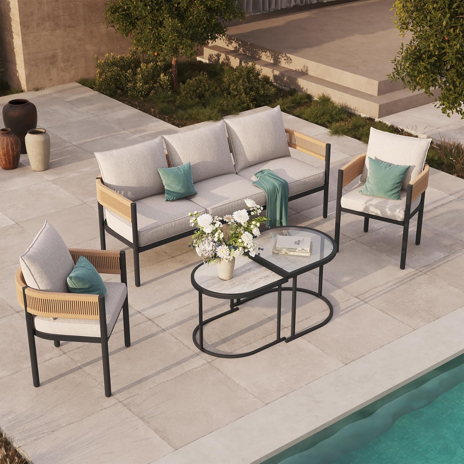 5-Piece Outdoor Furniture Set with Thick Cushions and Coffee Table, Wicker Sofa Conversation Set for Backyard, Natural