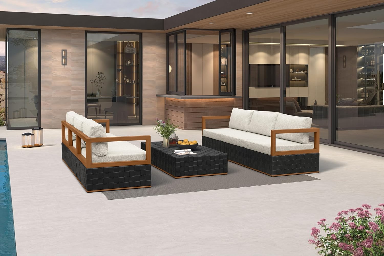 Patio Outdoor Furniture Set 4 Pieces, Premium Leather Outdoor Couch Sectional Sofa, L-Shaped Patio Conversation Sets with Olefin Cushions, Patio Couch for Porch, Balcony, Garden, Black