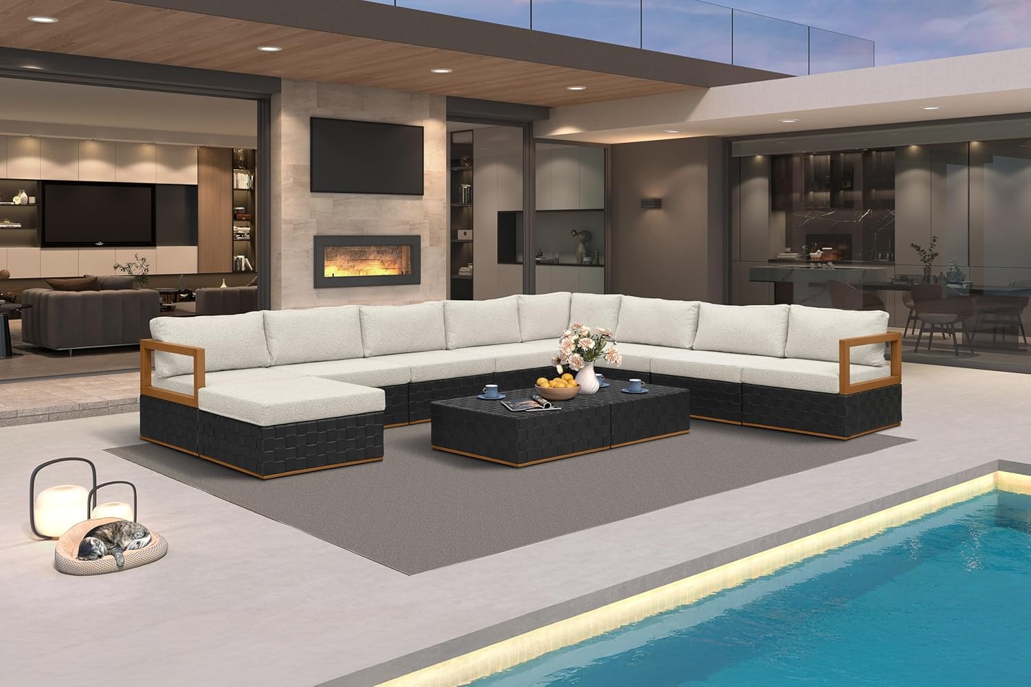 Patio Outdoor Furniture Set 4 Pieces, Premium Leather Outdoor Couch Sectional Sofa, L-Shaped Patio Conversation Sets with Olefin Cushions, Patio Couch for Porch, Balcony, Garden, Black